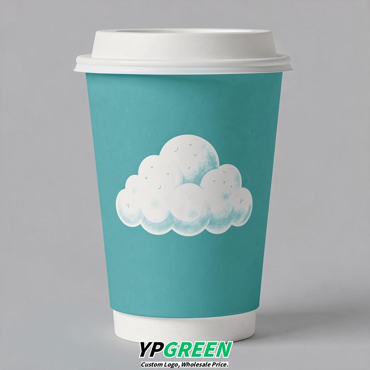 Turquoise Paper Cups with Clouds Logo & Lids 8-24oz