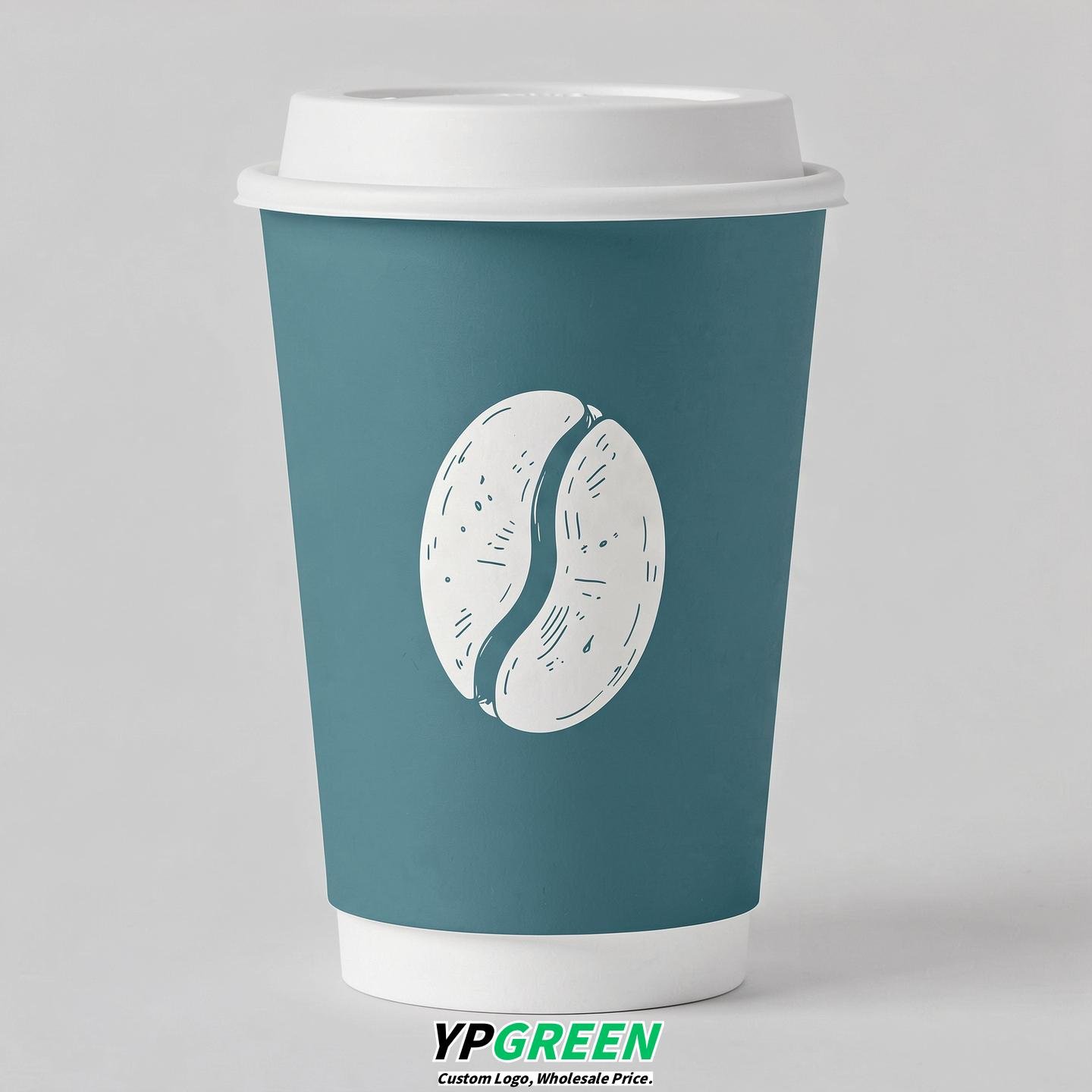 Turquoise Paper Cups with Coffee Bean Logo & Lids 8-24oz