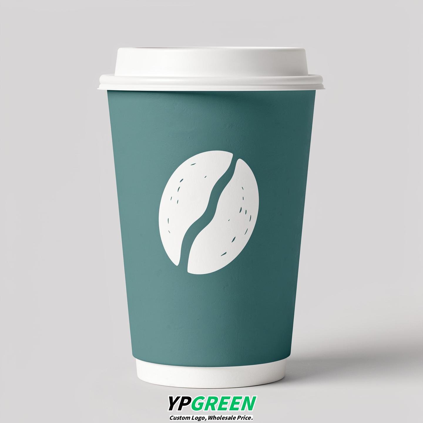 Turquoise Paper Cups with Coffee Bean Logo & Lids 8-24oz