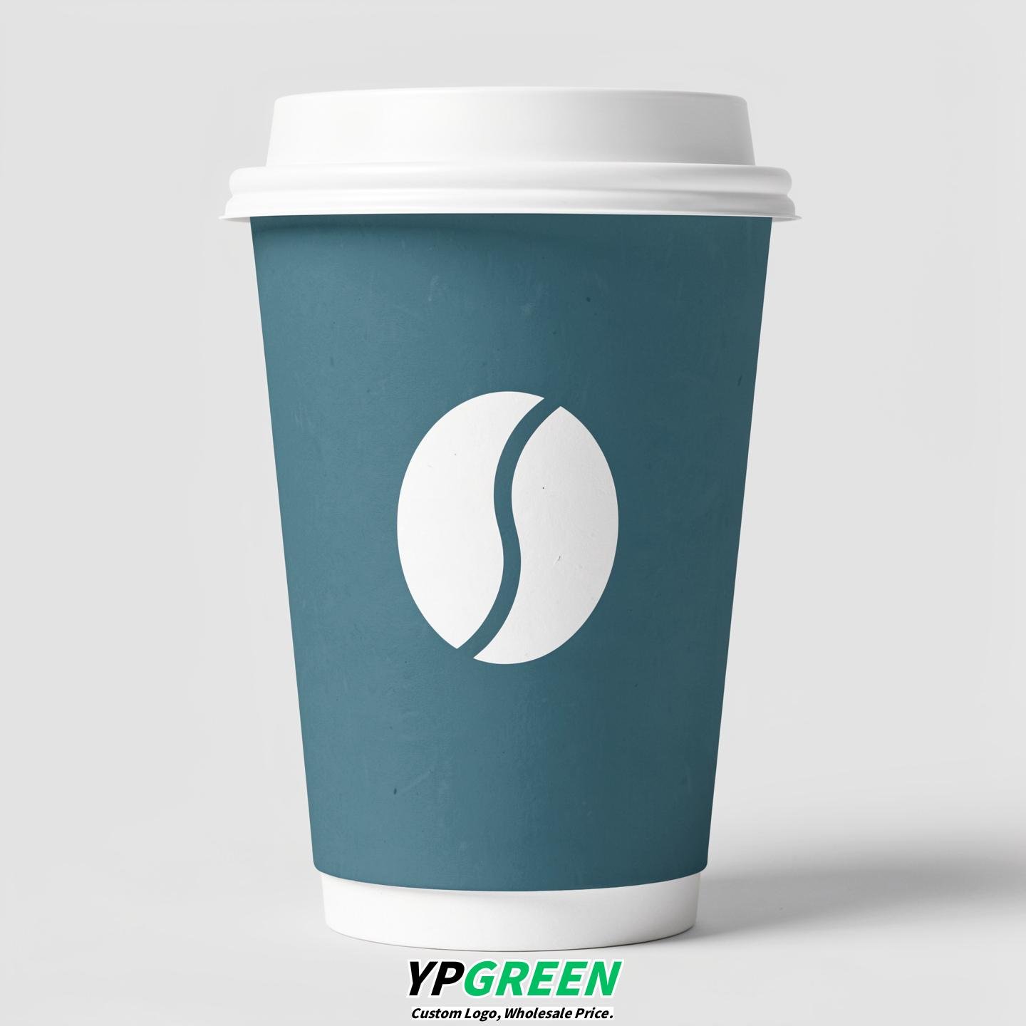 Turquoise Paper Cups with Coffee Bean Logo & Lids 8-24oz
