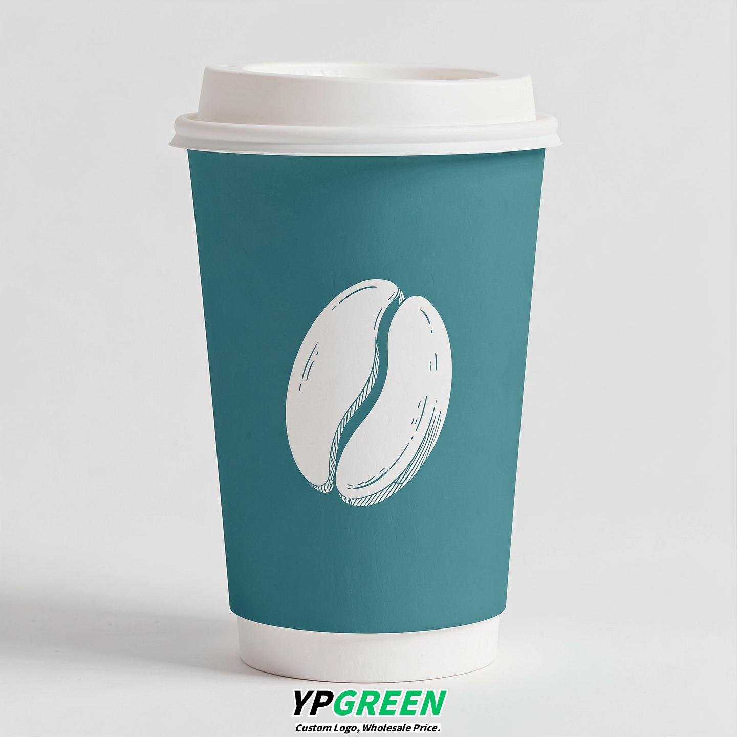 Turquoise Paper Cups with Coffee Bean Logo & Lids 8-24oz