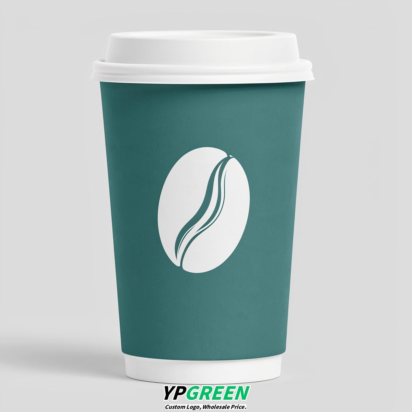 Turquoise Paper Cups with Coffee Bean Logo & Lids 8-24oz