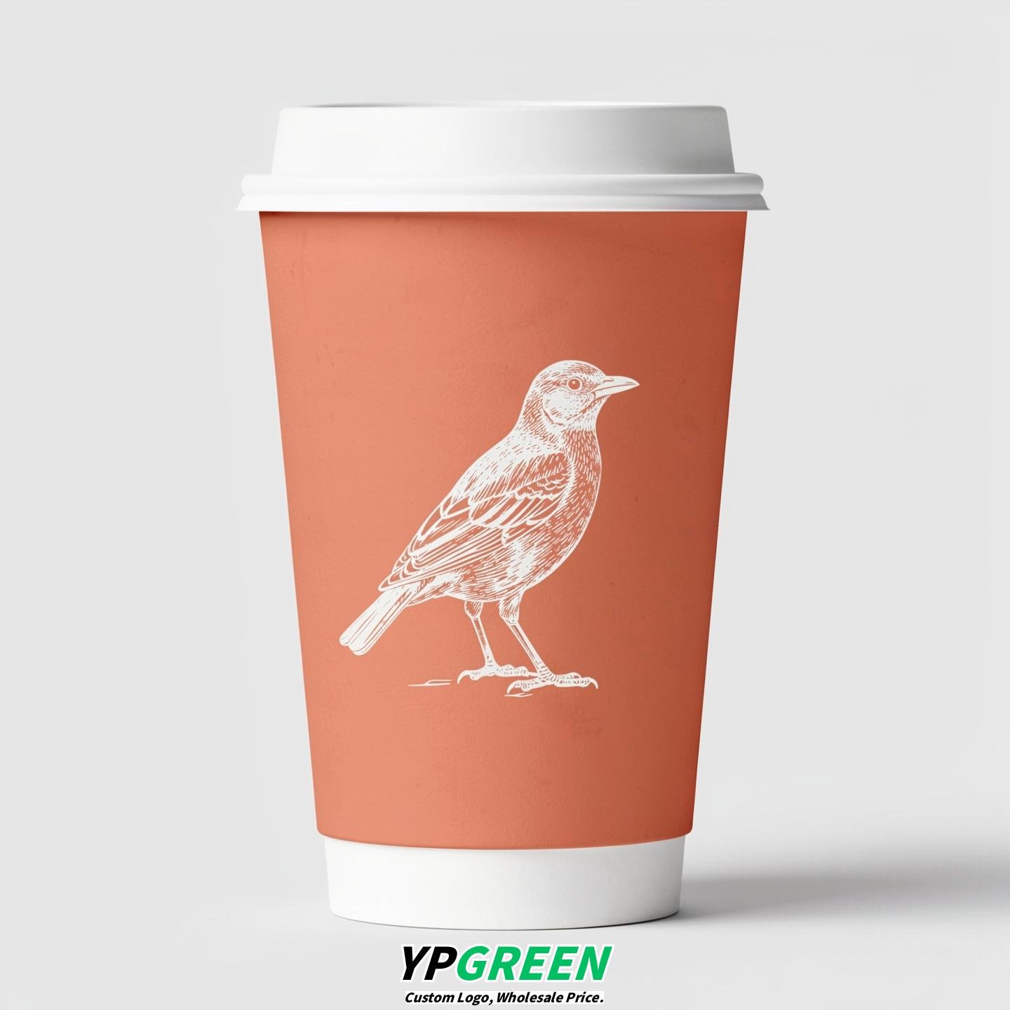 Apricot Paper Cups with Bird Logo & Lids 8-24oz