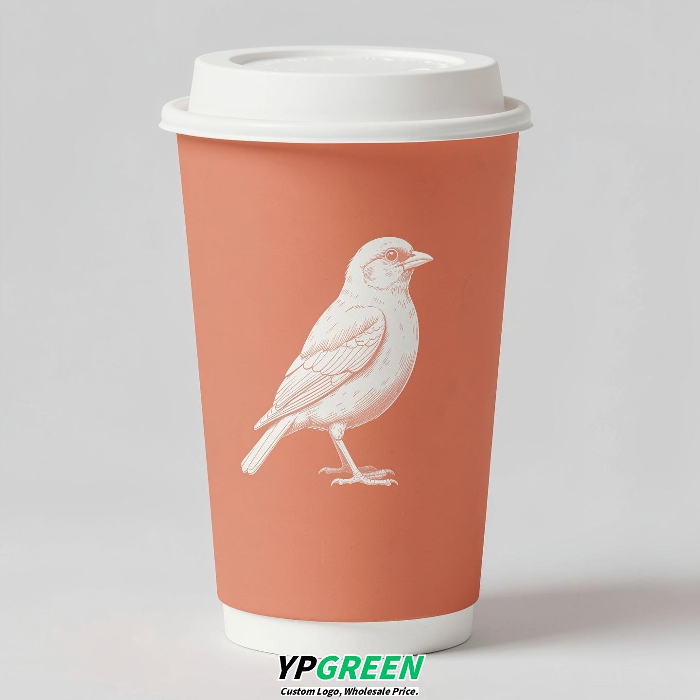 Apricot Paper Cups with Bird Logo & Lids 8-24oz