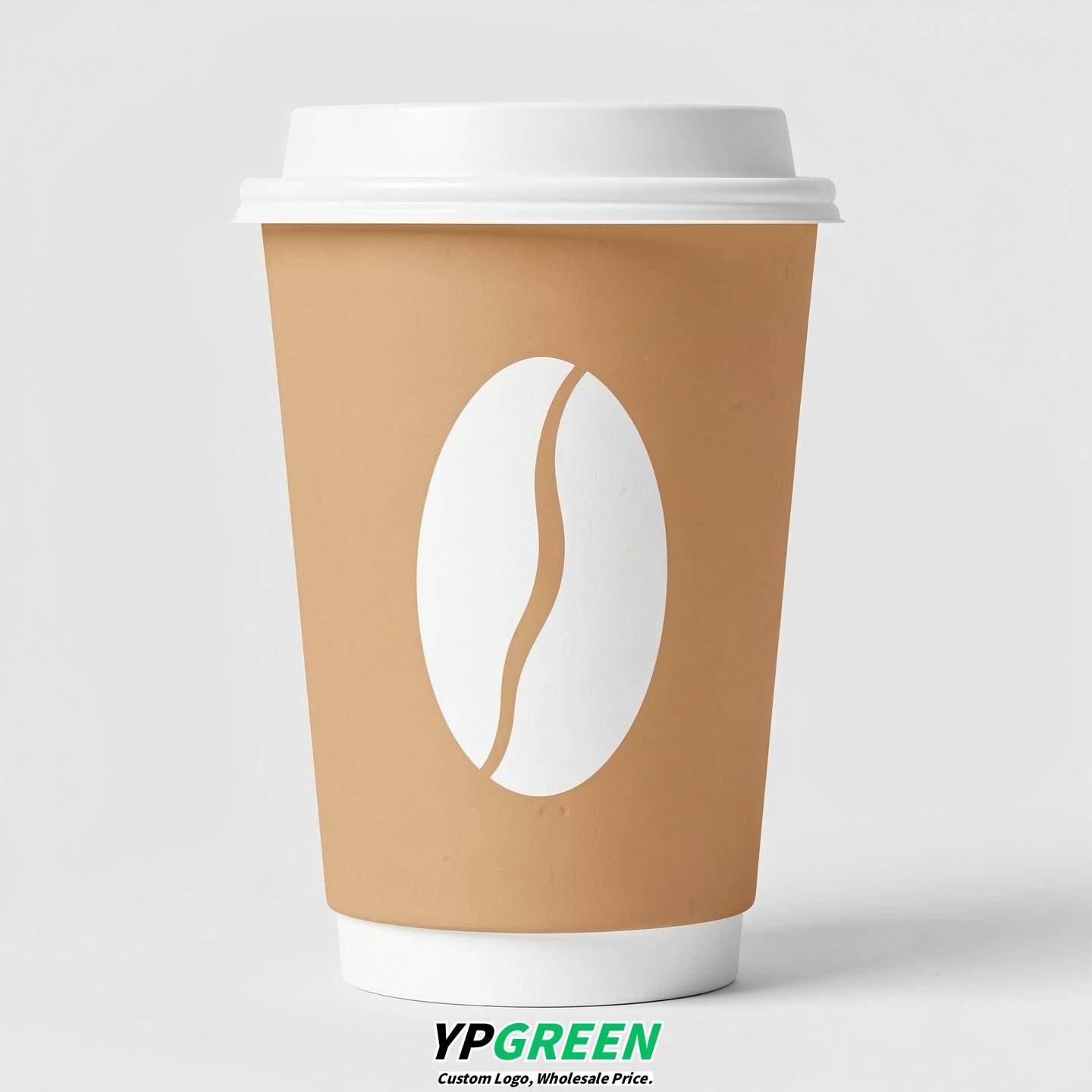 Apricot Paper Cups with Coffee Bean Logo & Lids 8-24oz