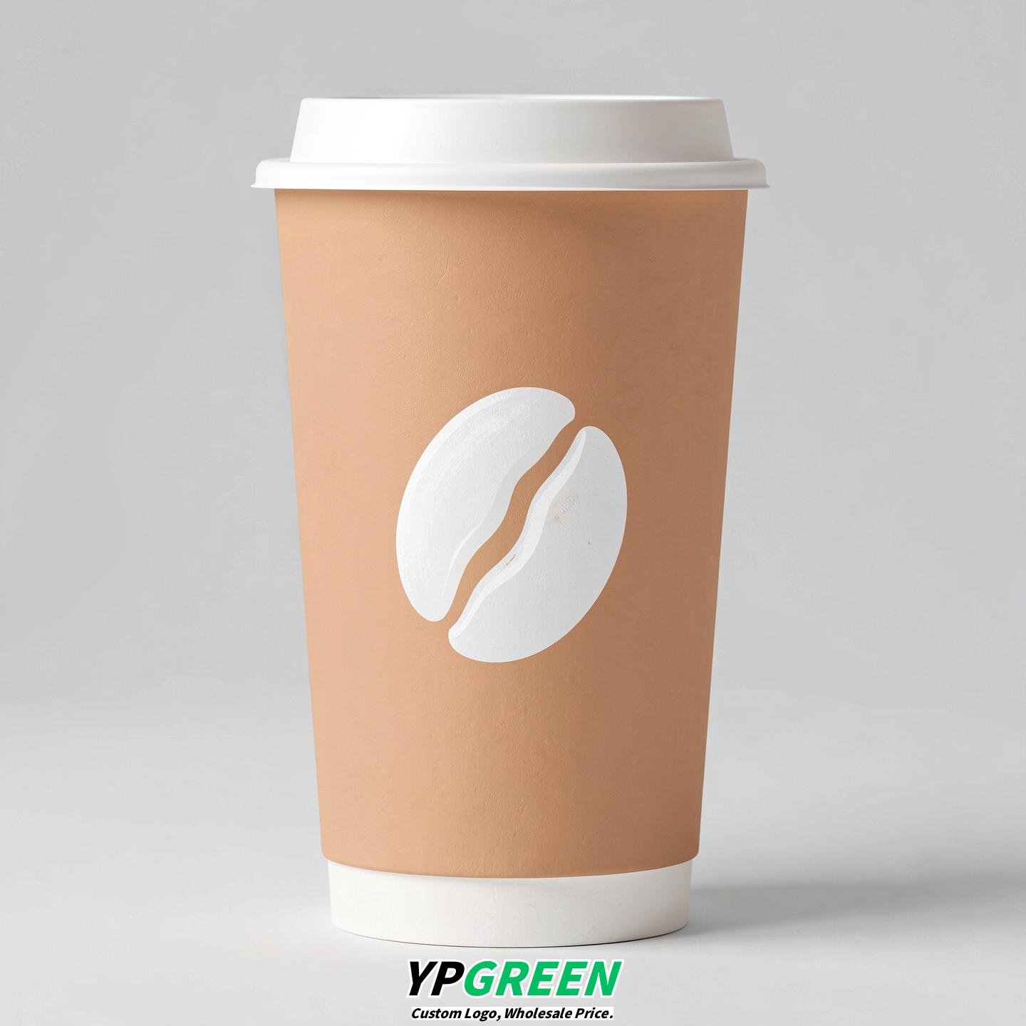 Apricot Paper Cups with Coffee Bean Logo & Lids 8-24oz