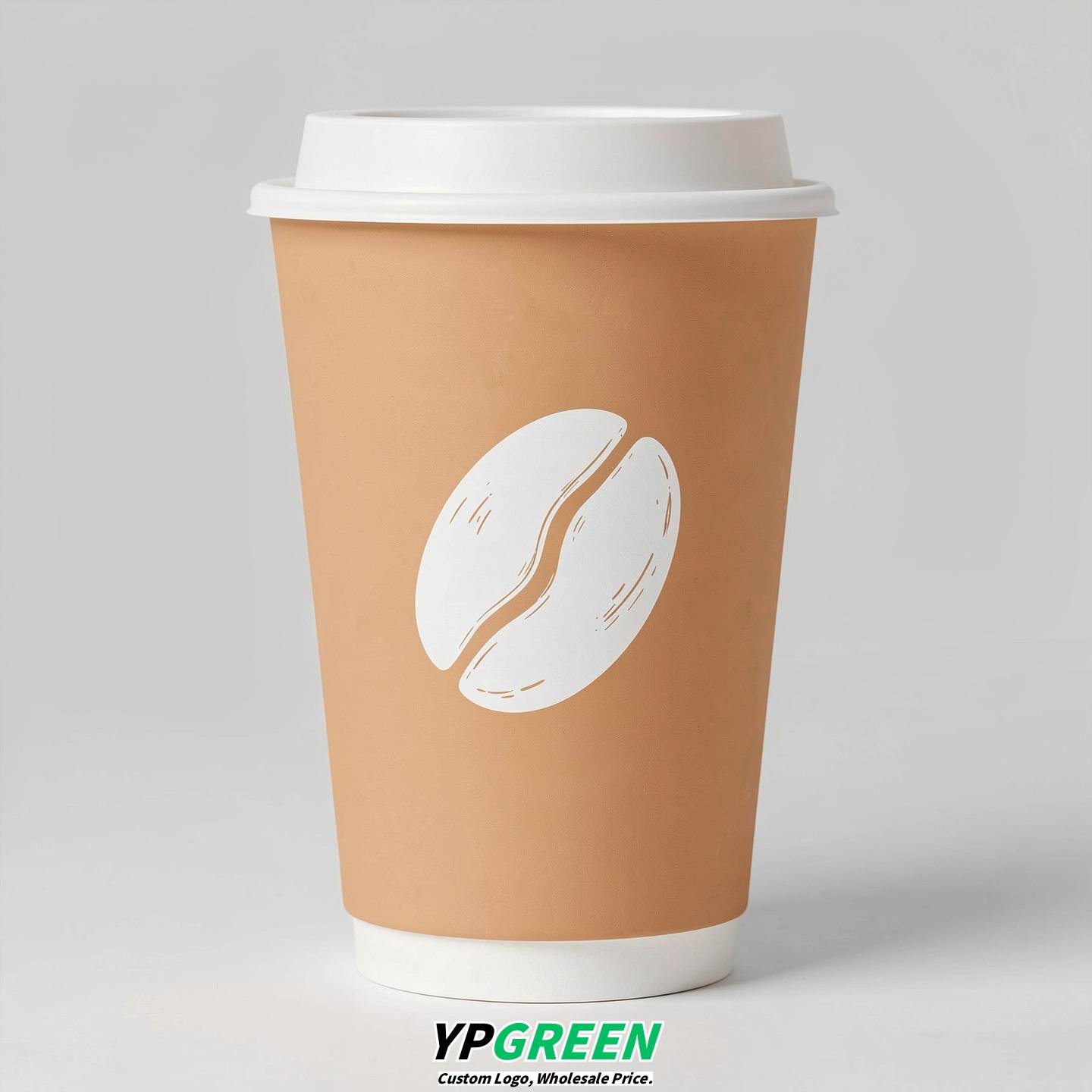 Apricot Paper Cups with Coffee Bean Logo & Lids 8-24oz