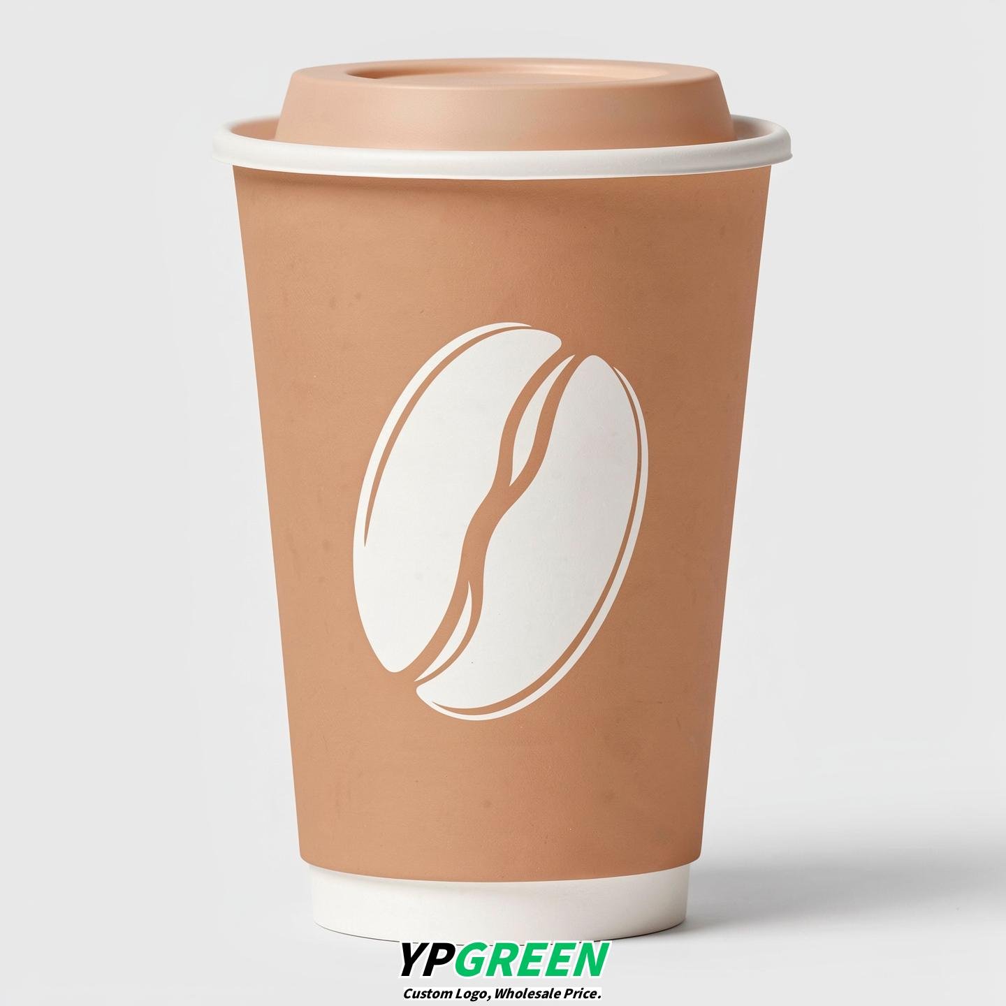 Apricot Paper Cups with Coffee Bean Logo & Lids 8-24oz