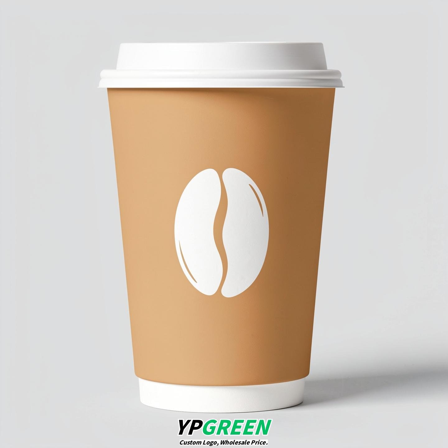 Apricot Paper Cups with Coffee Bean Logo & Lids 8-24oz