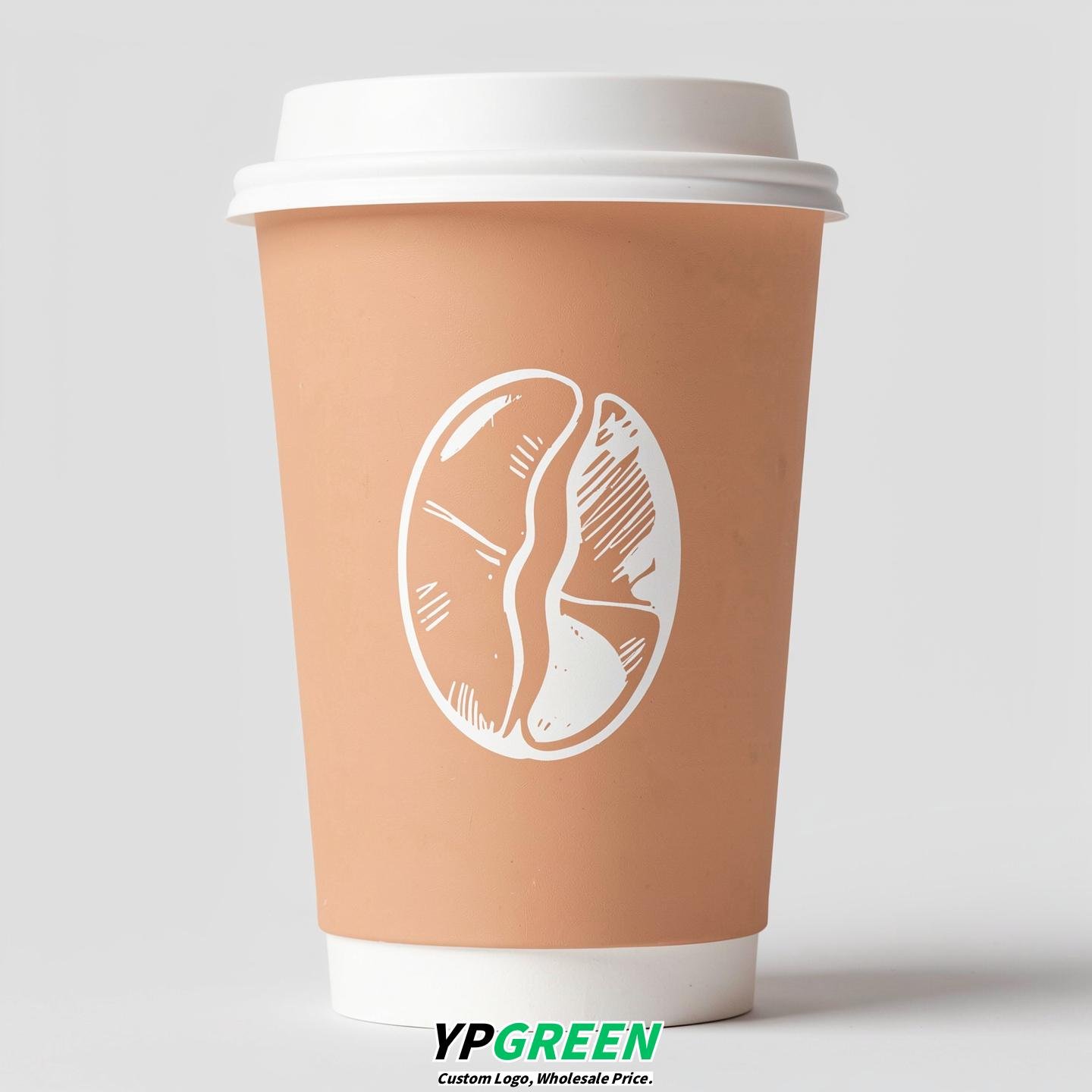 Apricot Paper Cups with Coffee Bean Logo & Lids 8-24oz