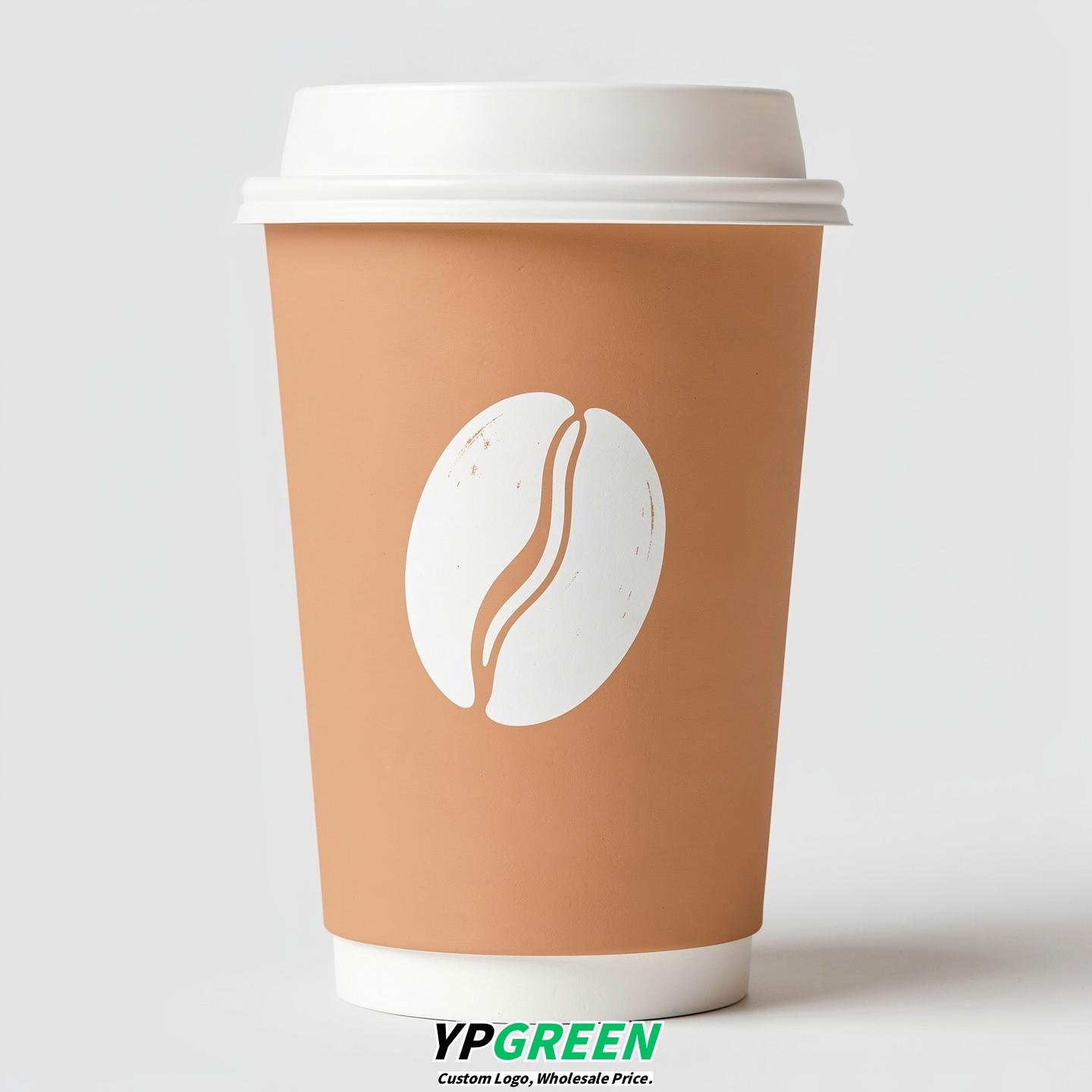 Apricot Paper Cups with Coffee Bean Logo & Lids 8-24oz