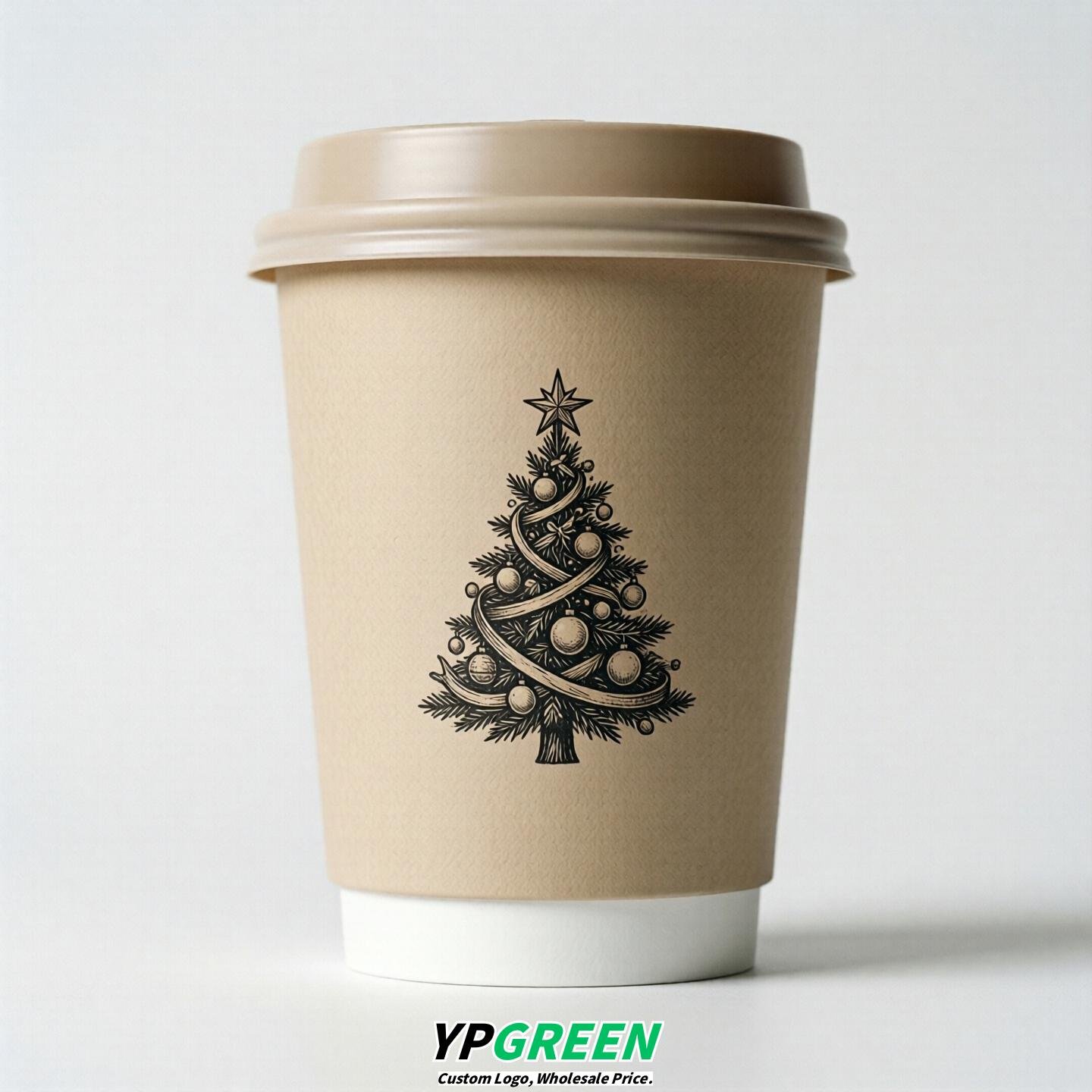 Beige Paper Cups with Christmas Design 8-24oz