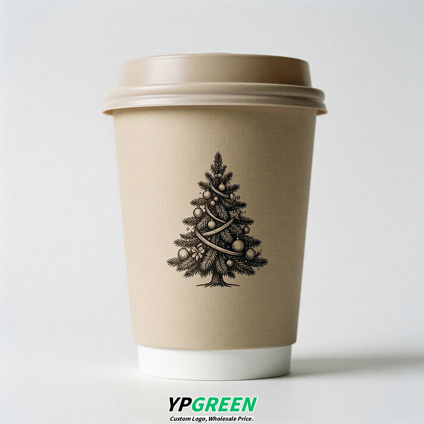 Beige Paper Cups with Christmas Design 8-24oz