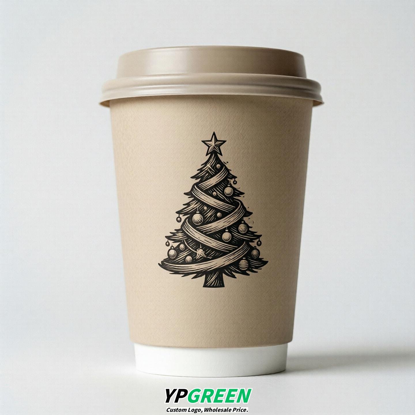 Beige Paper Cups with Christmas Design 8-24oz