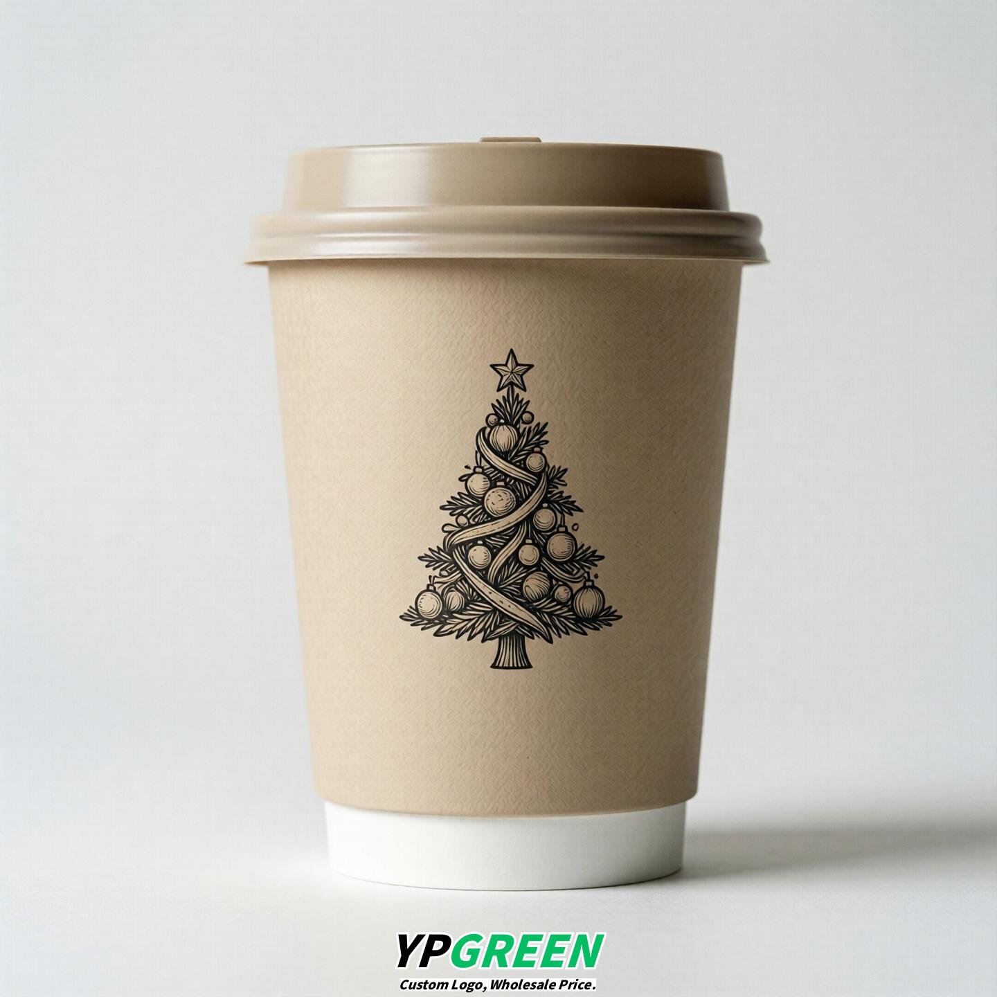 Beige Paper Cups with Christmas Design 8-24oz