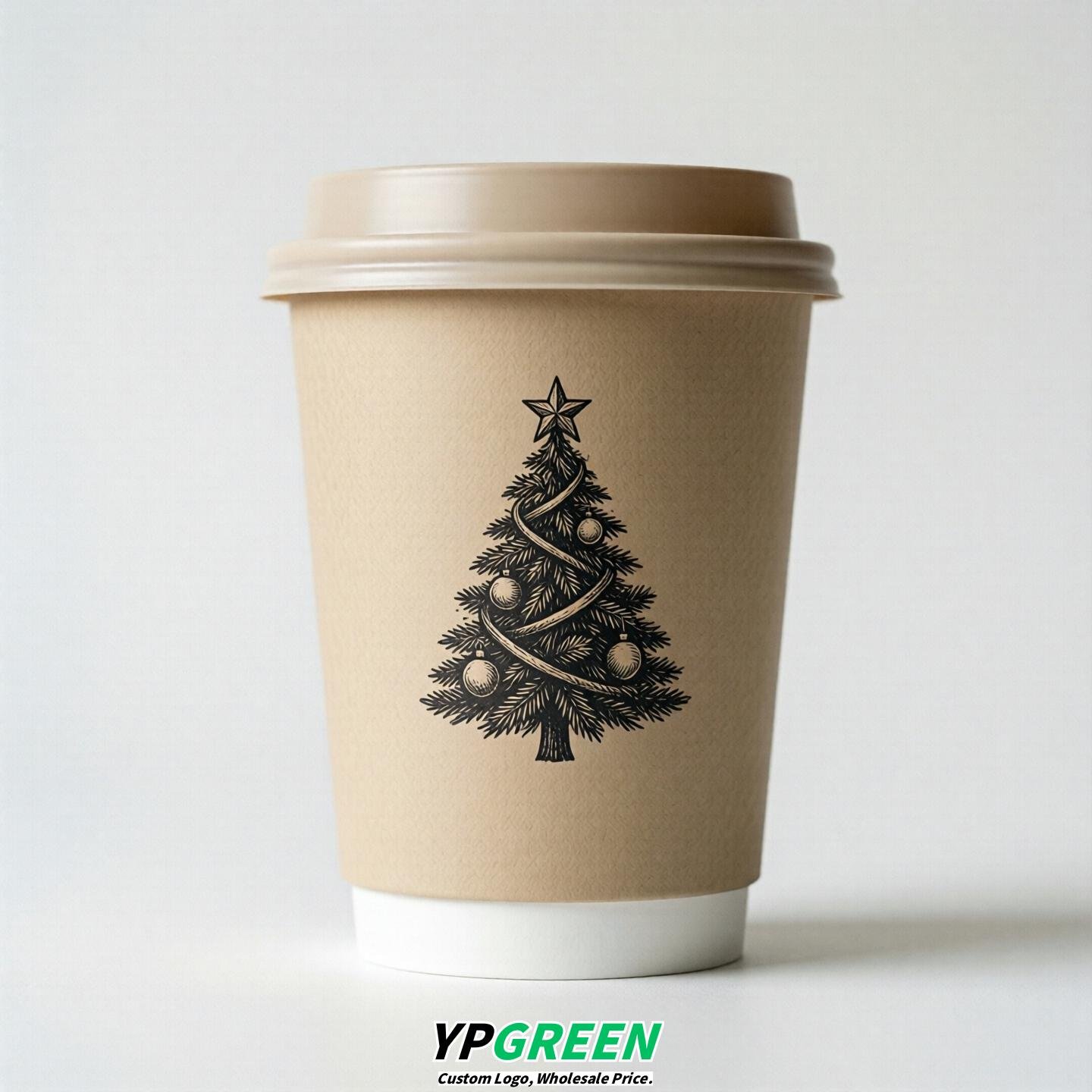 Beige Paper Cups with Christmas Design 8-24oz