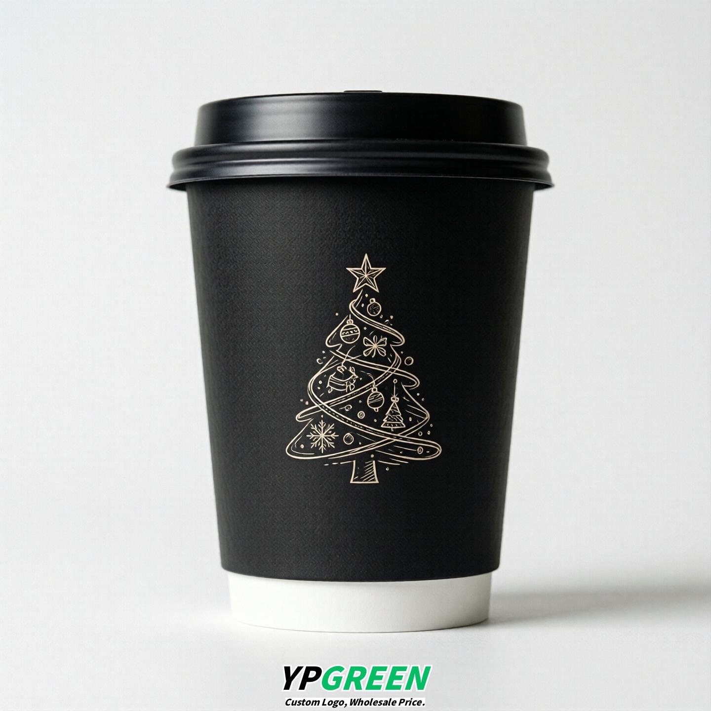 Black Paper Cups with Christmas Design 8-24oz