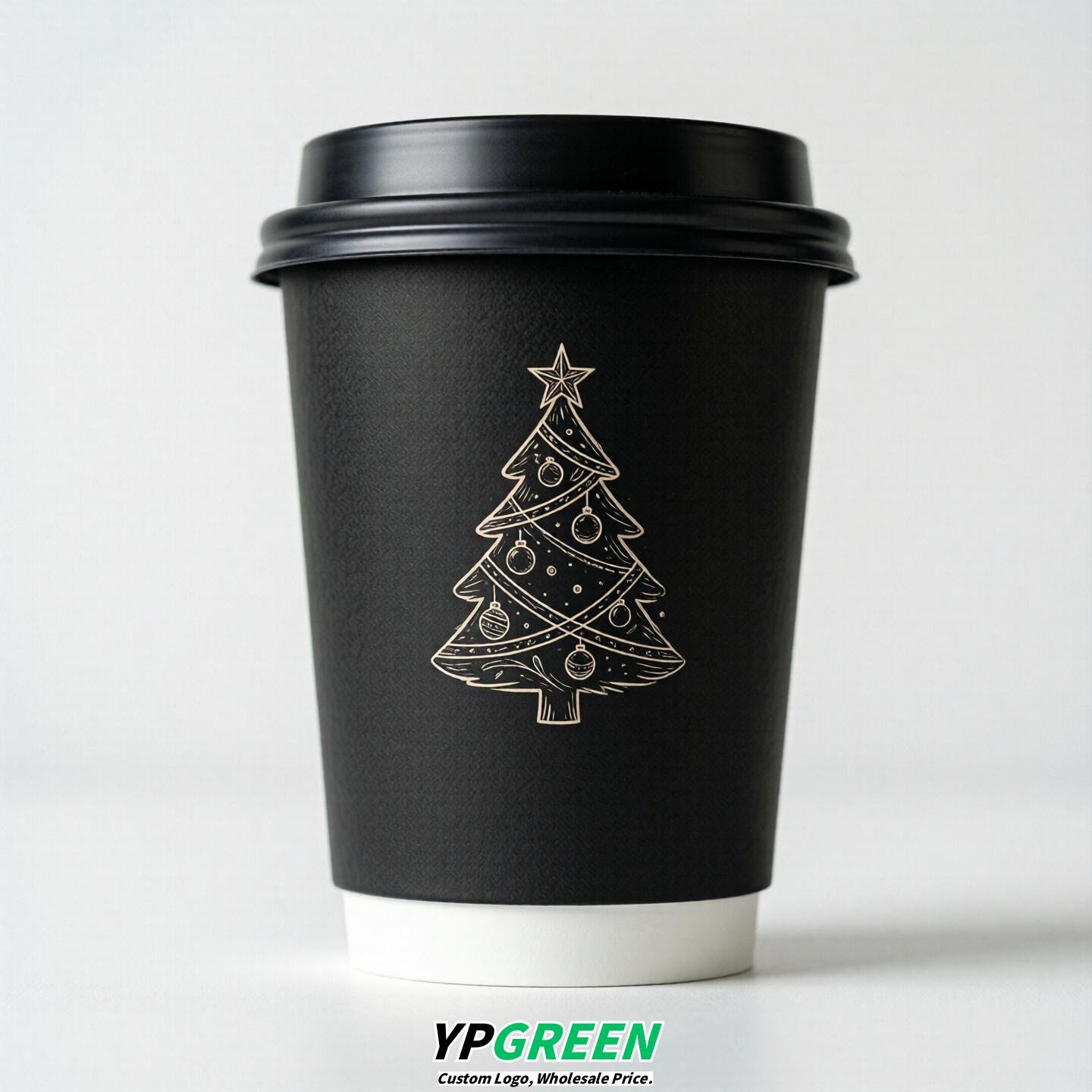 Black Paper Cups with Christmas Design 8-24oz