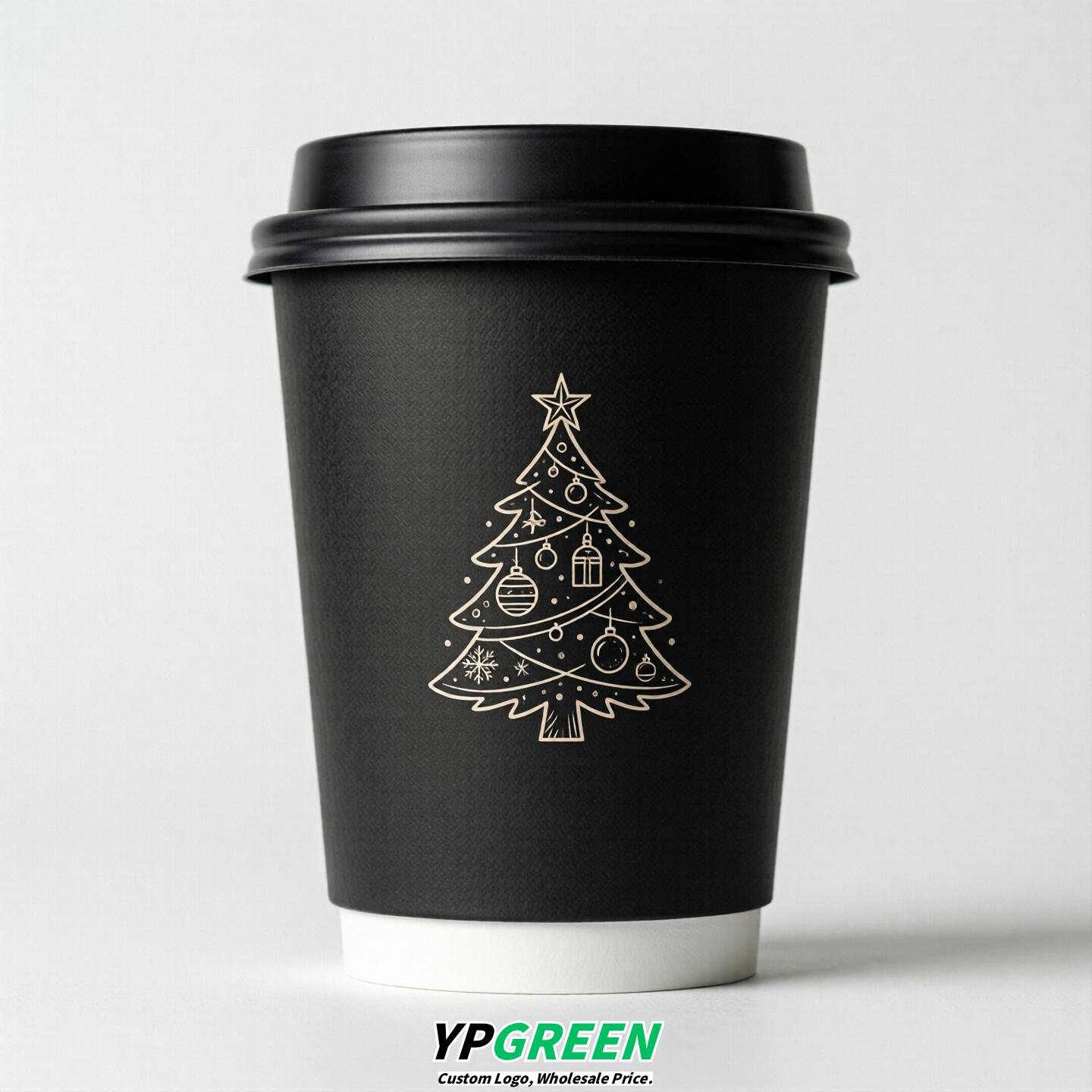 Black Paper Cups with Christmas Design 8-24oz