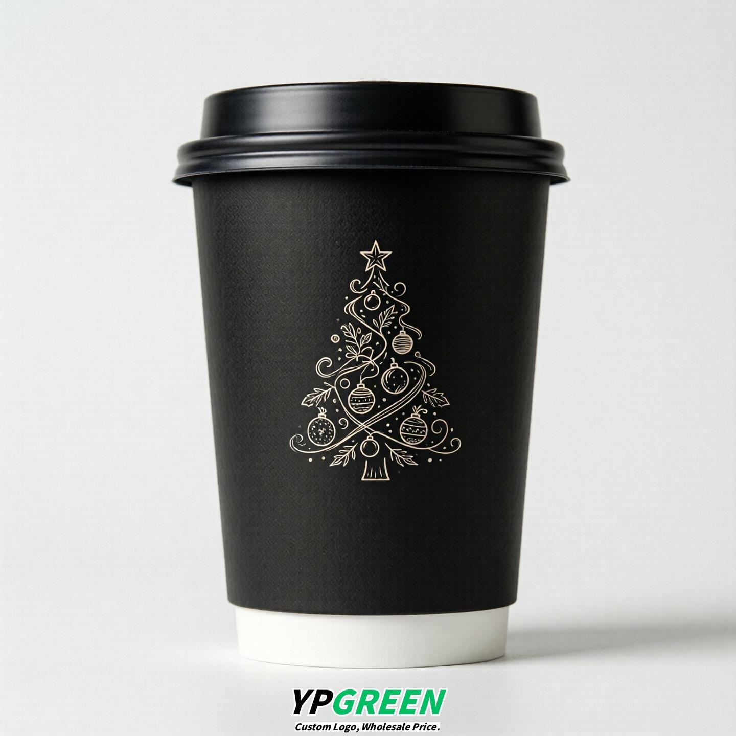 Black Paper Cups with Christmas Design 8-24oz
