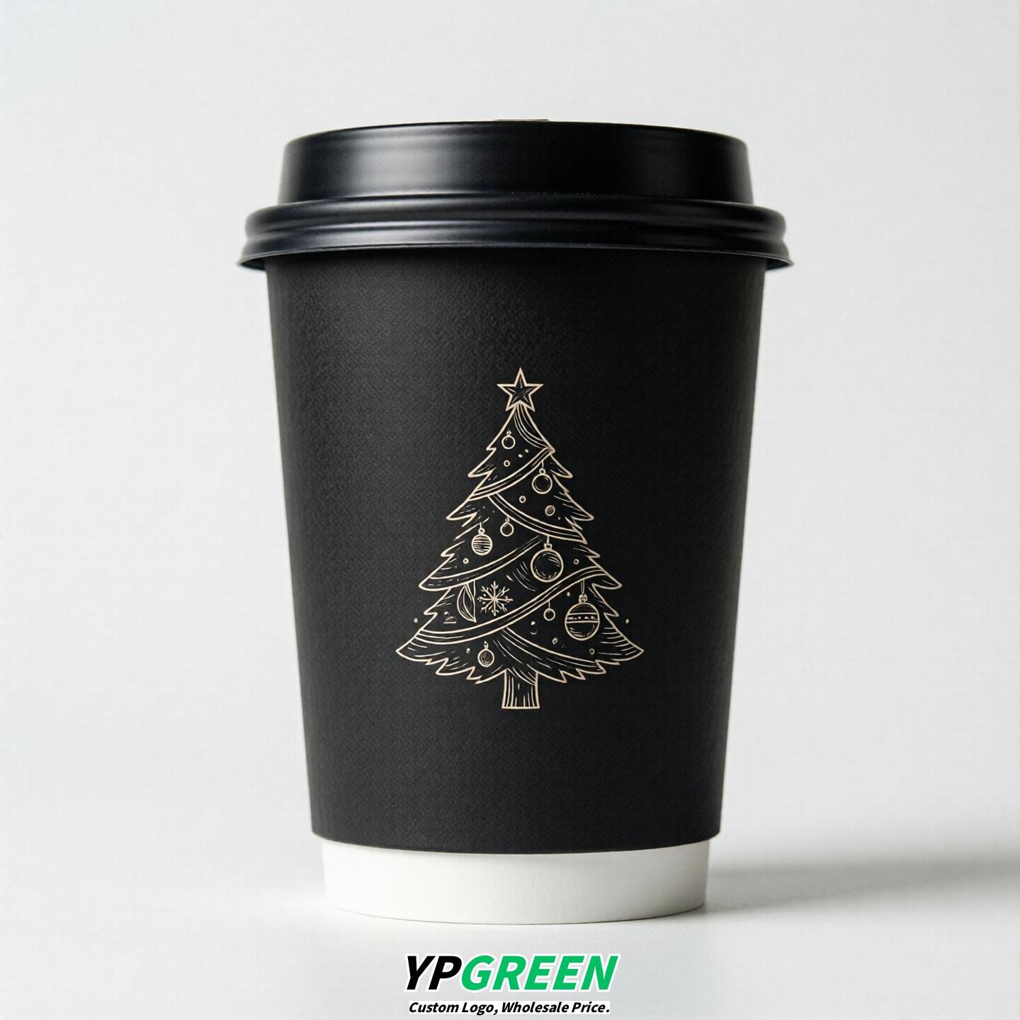 Black Paper Cups with Christmas Design 8-24oz