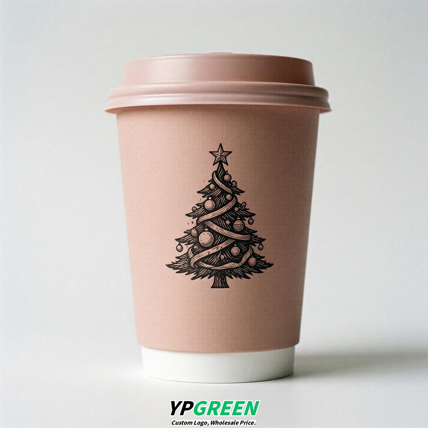 Blush Paper Cups with Christmas Design 8-24oz