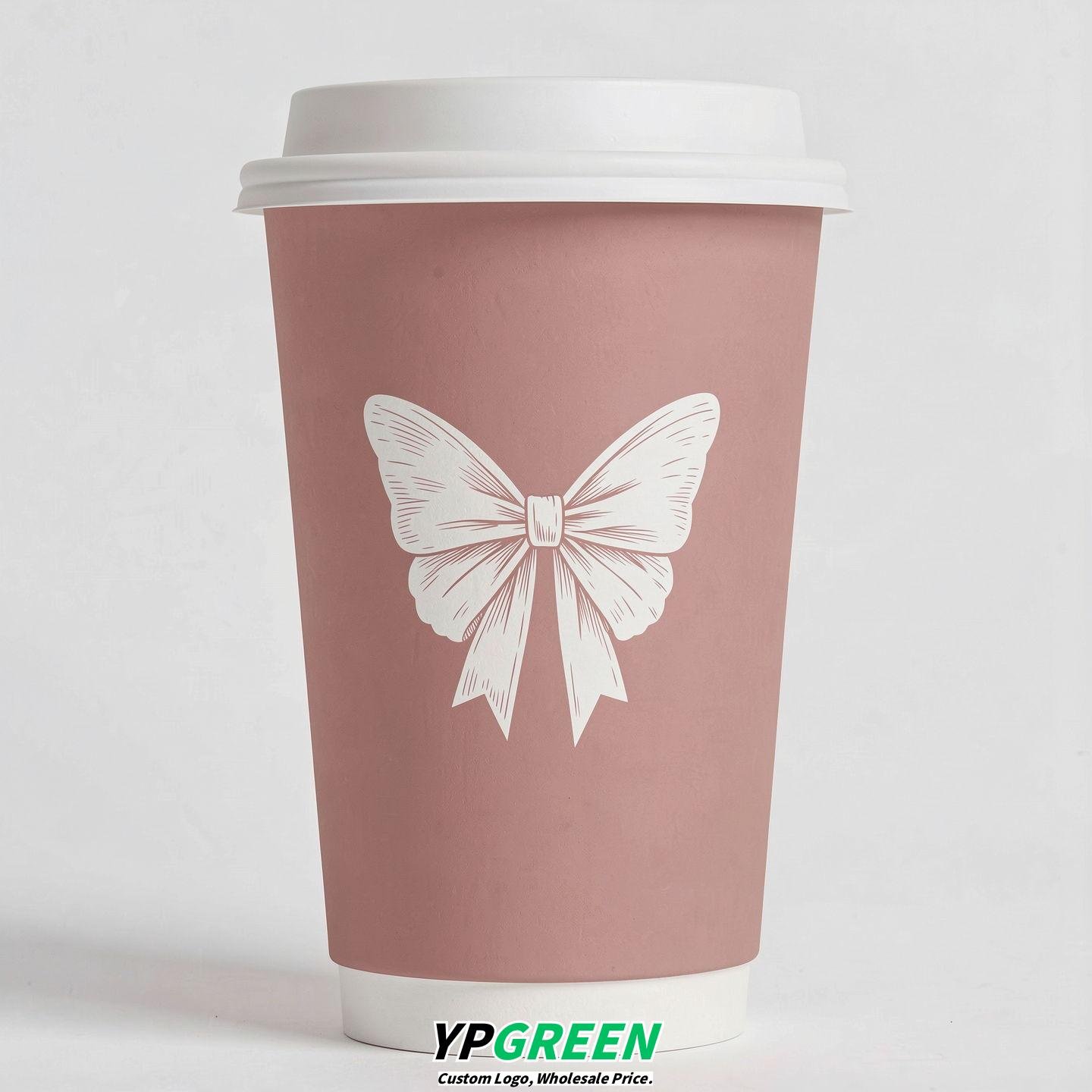 Blush Paper Cups with Bow Logo & Lids 8-24oz
