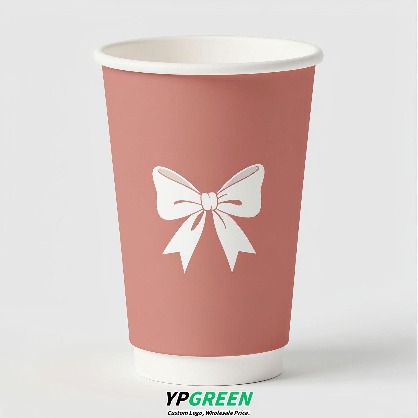 Blush Paper Cups with Bow Logo & Lids 8-24oz