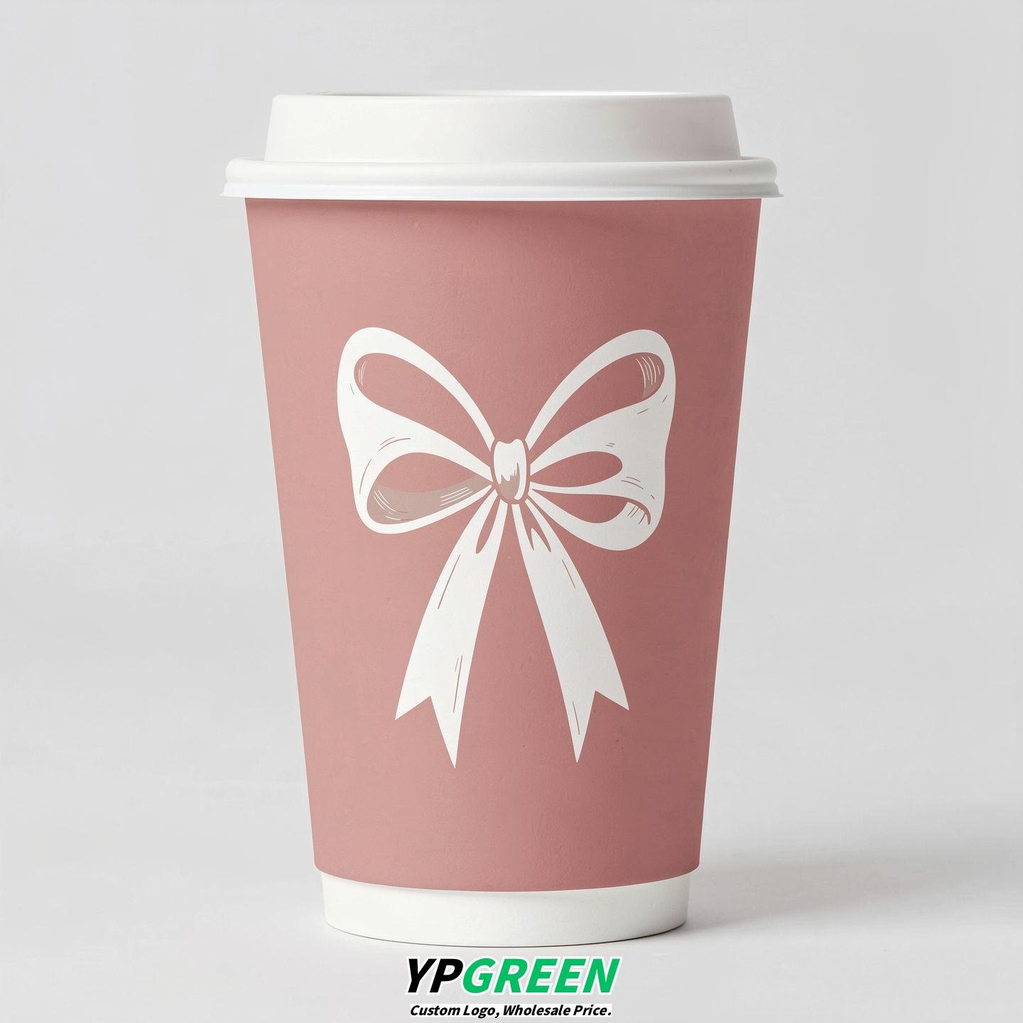 Blush Paper Cups with Bow Logo & Lids 8-24oz