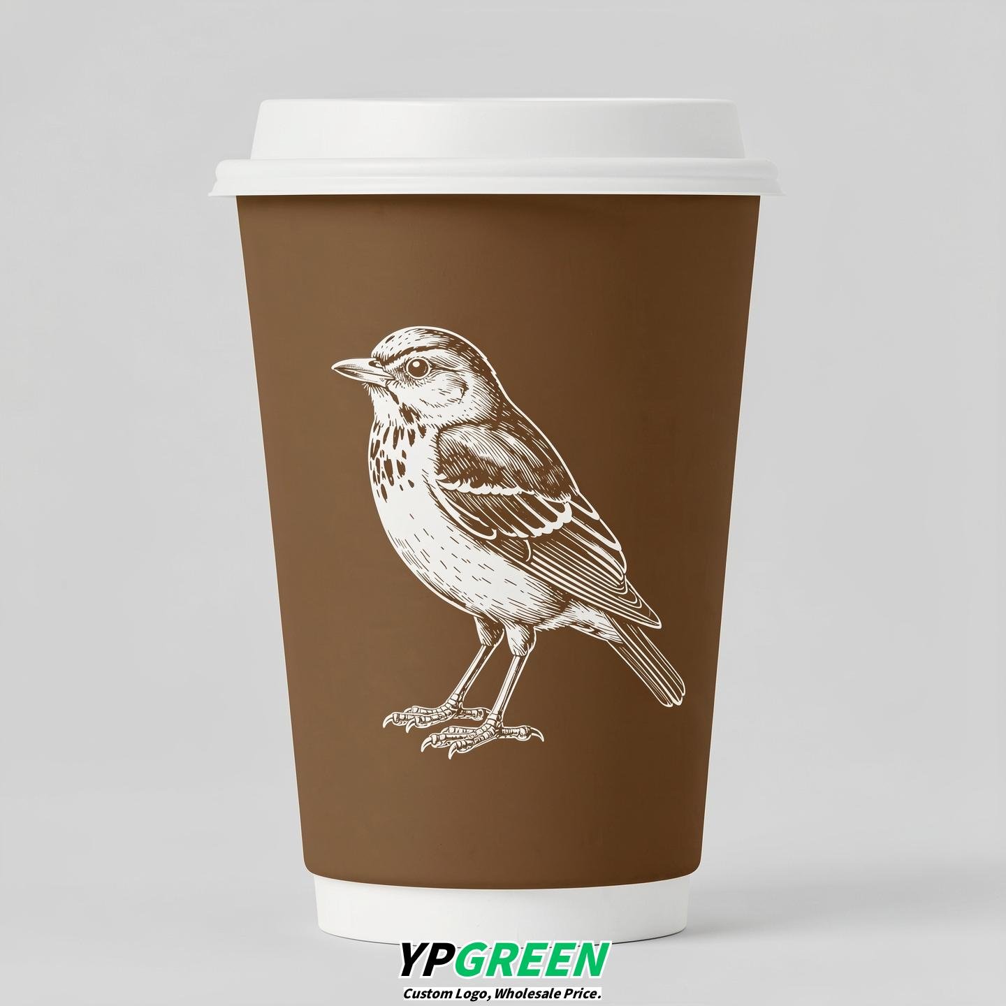 Bronze Paper Cups with Bird Logo & Lids 8-24oz