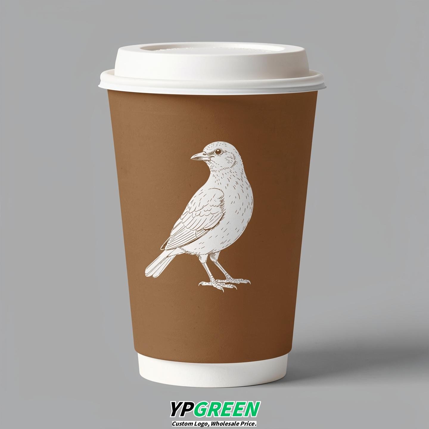 Bronze Paper Cups with Bird Logo & Lids 8-24oz