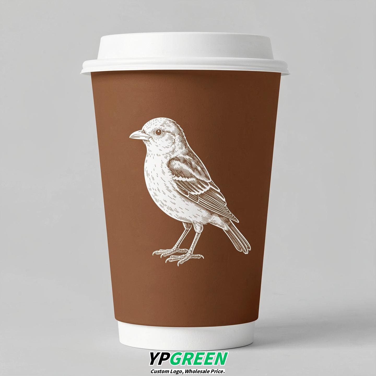 Bronze Paper Cups with Bird Logo & Lids 8-24oz