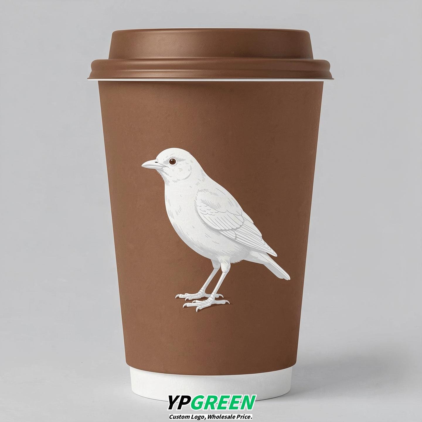 Bronze Paper Cups with Bird Logo & Lids 8-24oz