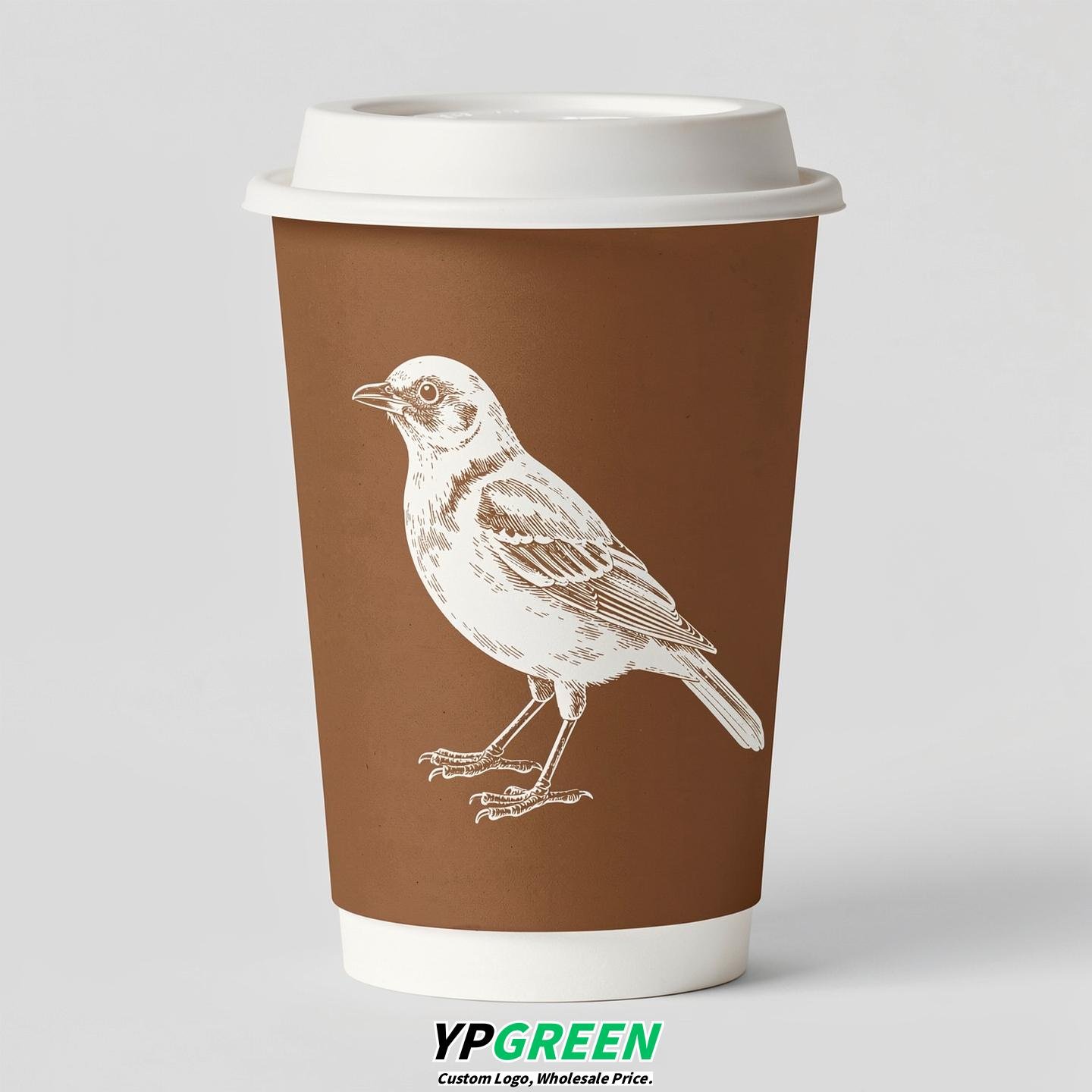 Bronze Paper Cups with Bird Logo & Lids 8-24oz