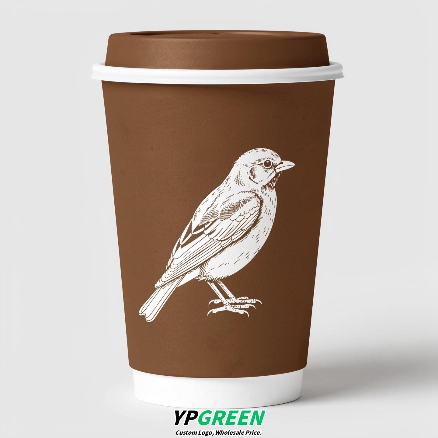 Bronze Paper Cups with Bird Logo & Lids 8-24oz