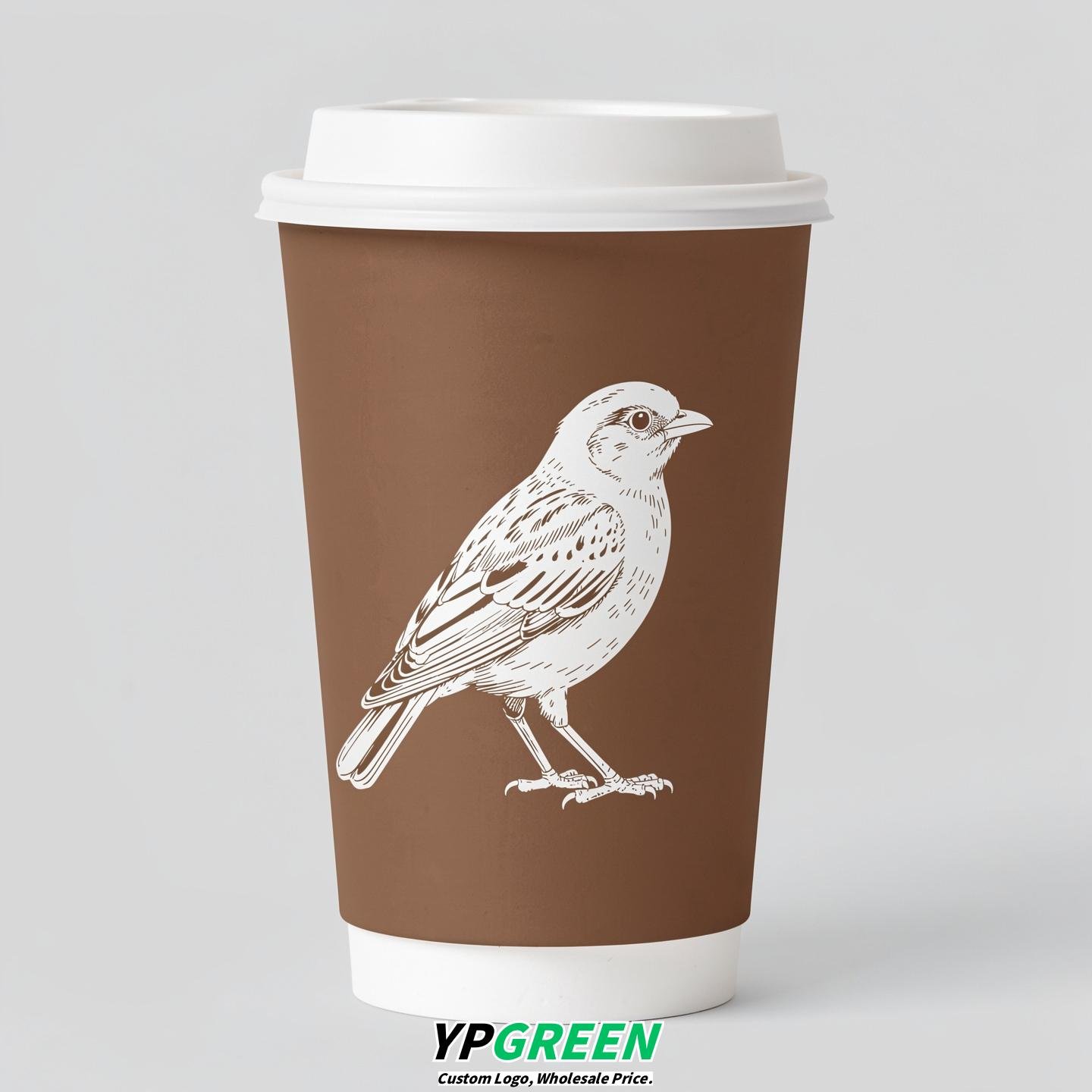 Bronze Paper Cups with Bird Logo & Lids 8-24oz