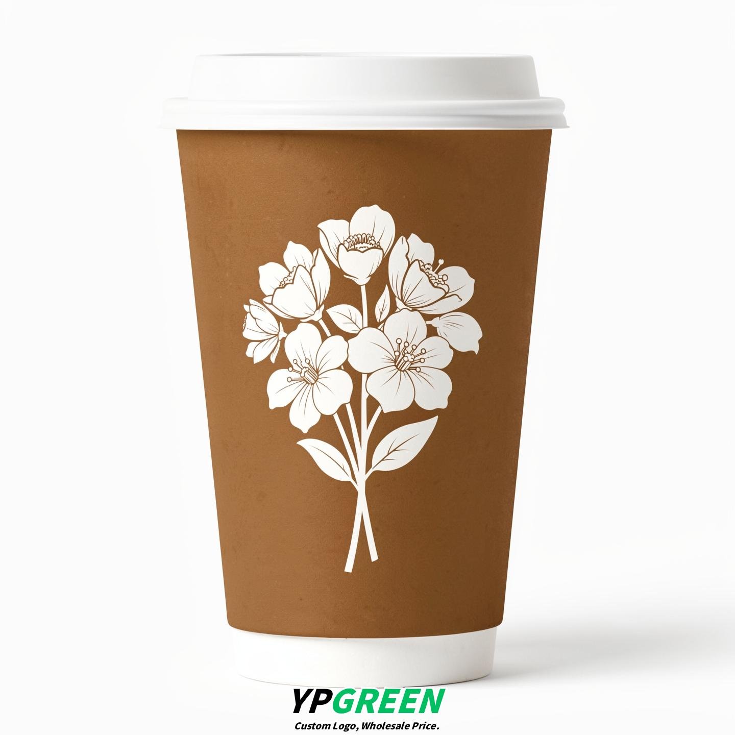 Bronze Floral Paper Cups with Lids 8-24oz