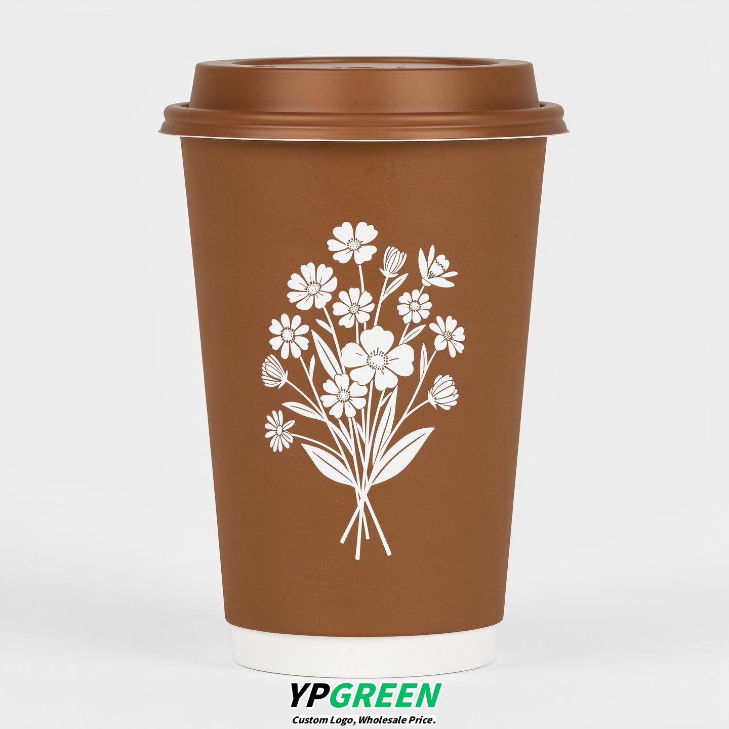 Bronze Floral Paper Cups with Lids 8-24oz