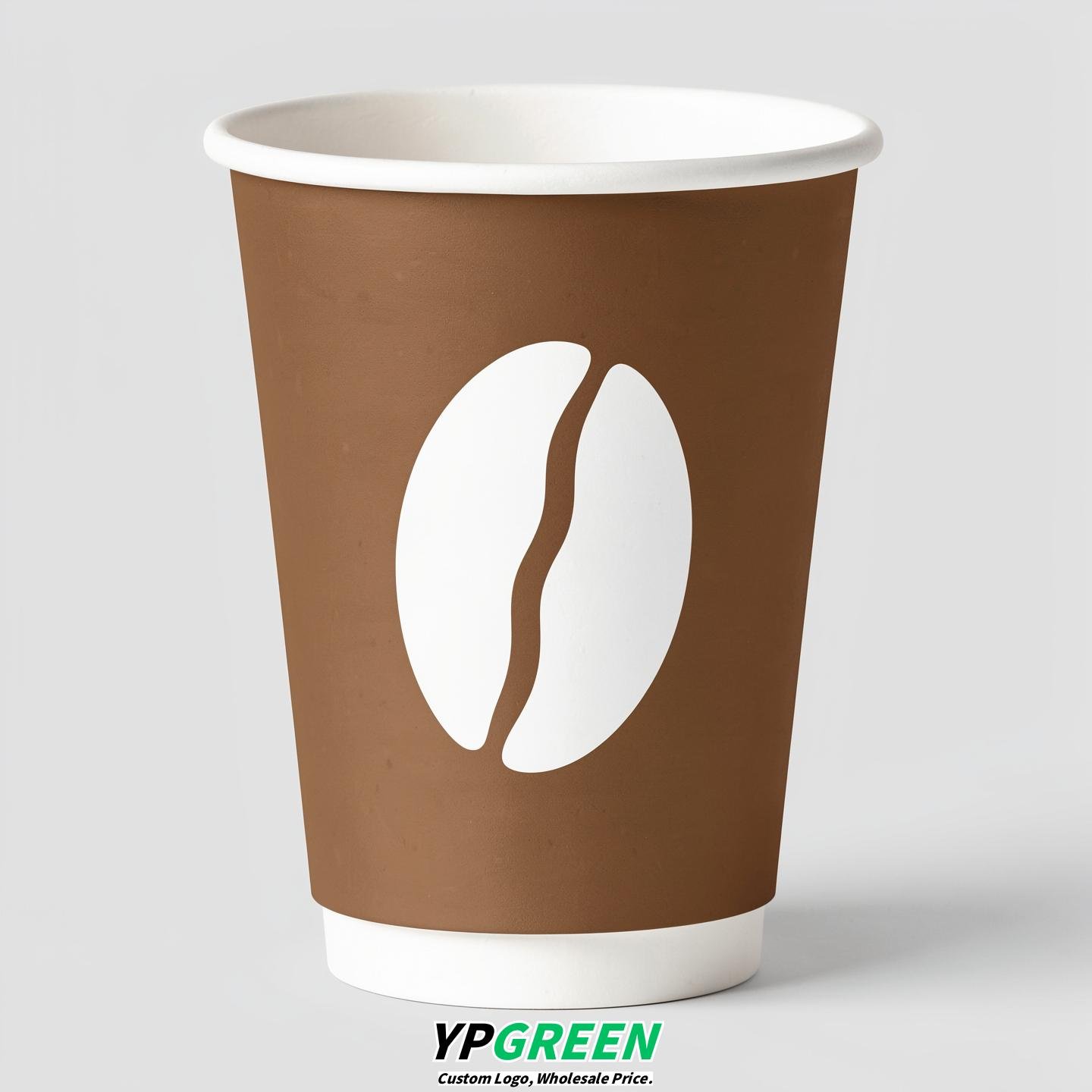 Bronze Paper Cups with Coffee Bean Logo & Lids 8-24oz