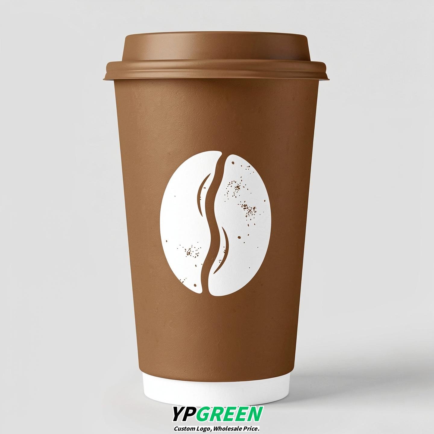 Bronze Paper Cups with Coffee Bean Logo & Lids 8-24oz