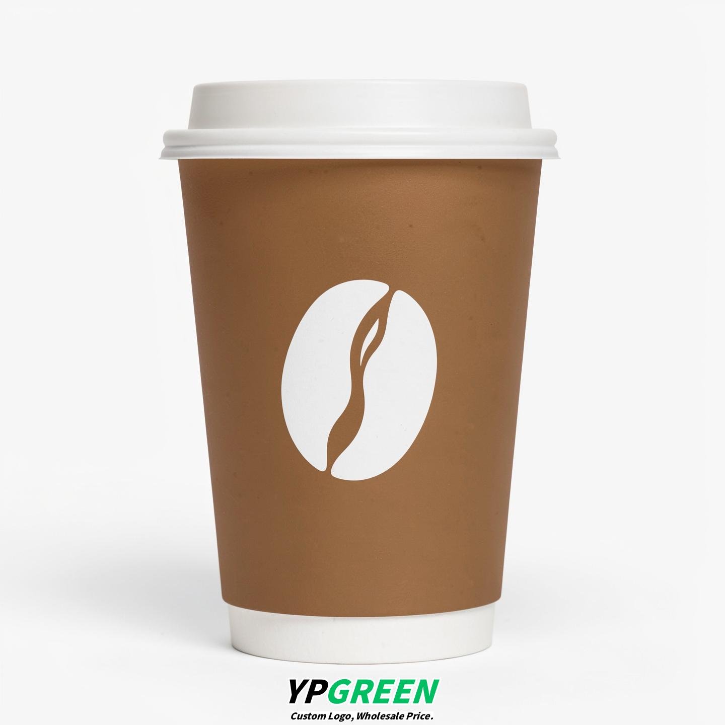 Bronze Paper Cups with Coffee Bean Logo & Lids 8-24oz