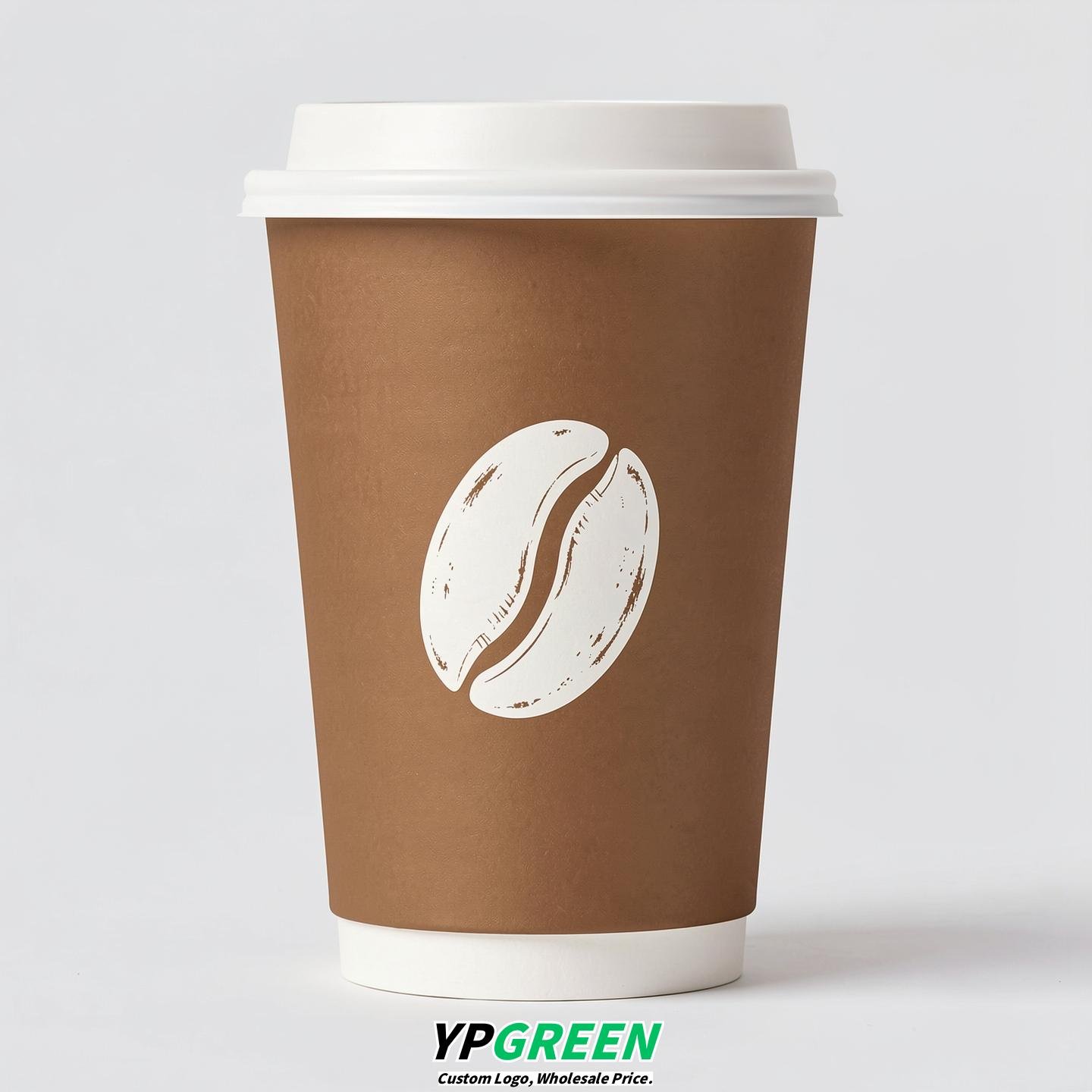 Bronze Paper Cups with Coffee Bean Logo & Lids 8-24oz