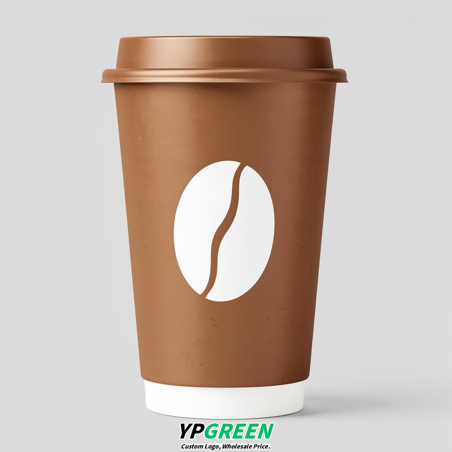 Bronze Paper Cups with Coffee Bean Logo & Lids 8-24oz