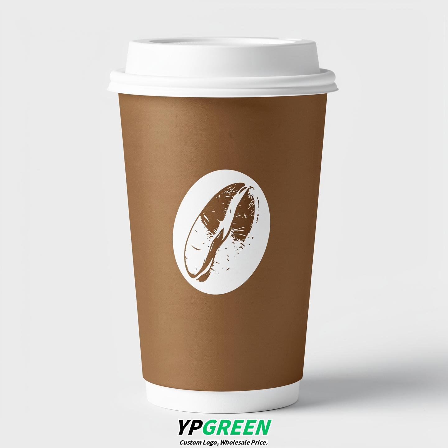 Bronze Paper Cups with Coffee Bean Logo & Lids 8-24oz