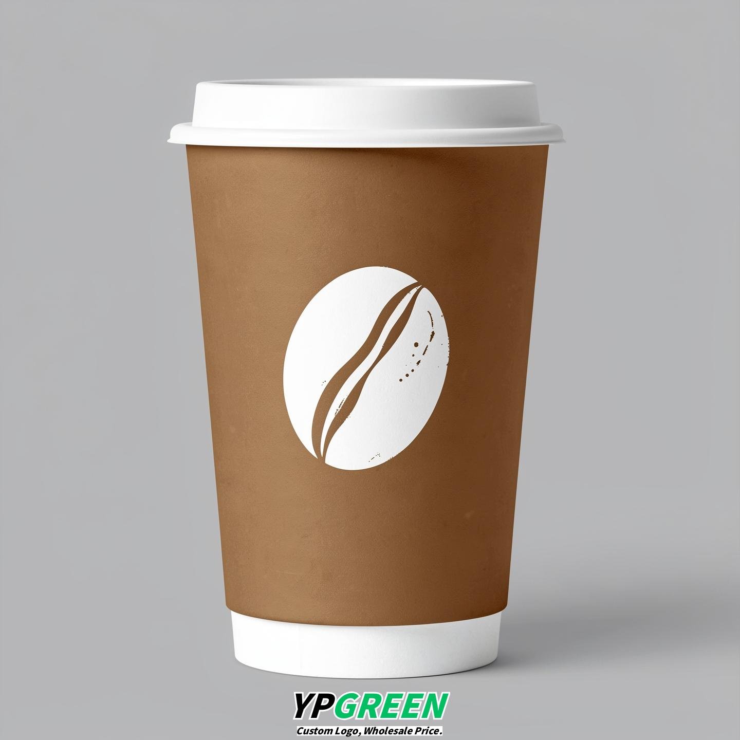 Bronze Paper Cups with Coffee Bean Logo & Lids 8-24oz