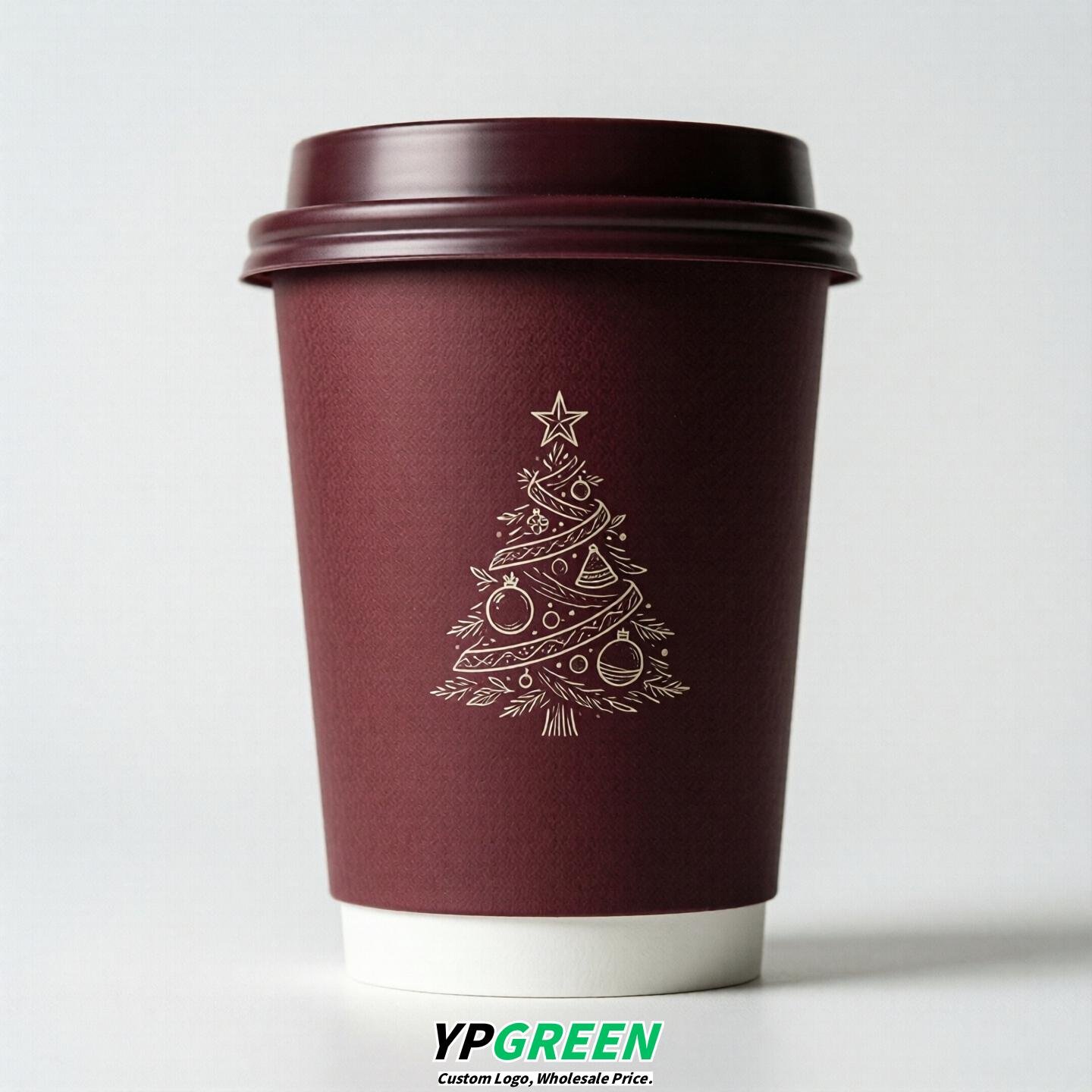 Burgundy Paper Cups with Christmas Design 8-24oz