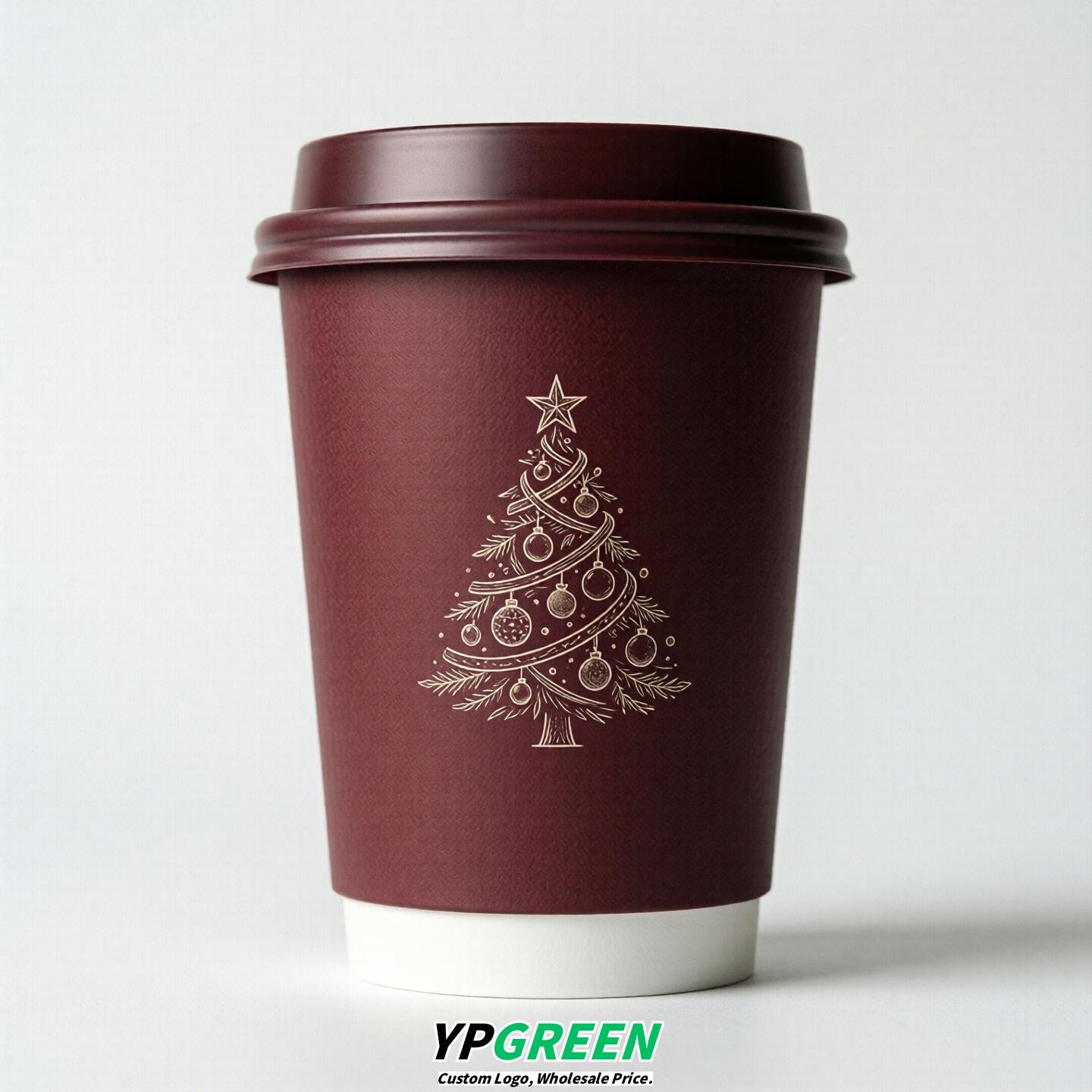 Burgundy Paper Cups with Christmas Design 8-24oz