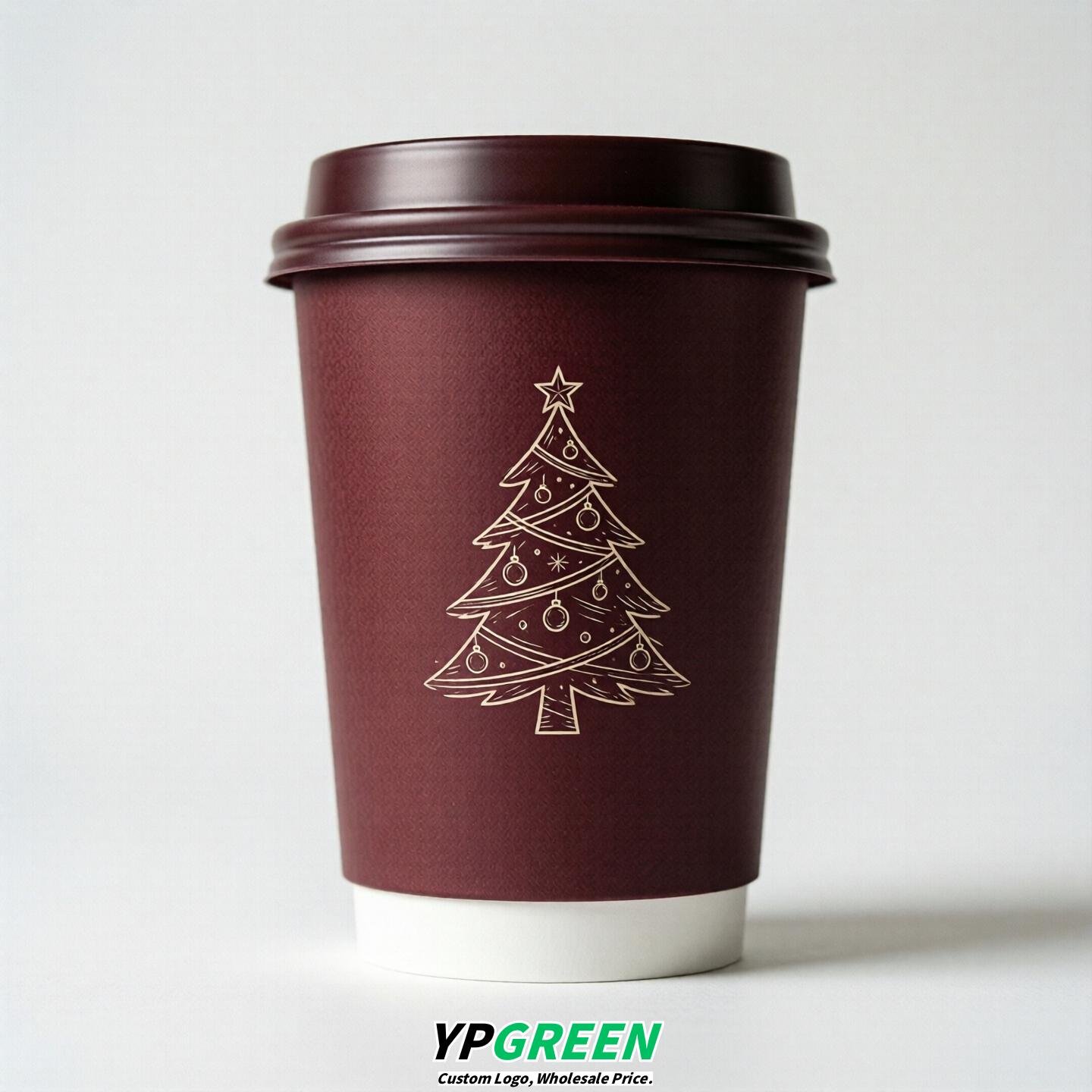 Burgundy Paper Cups with Christmas Design 8-24oz