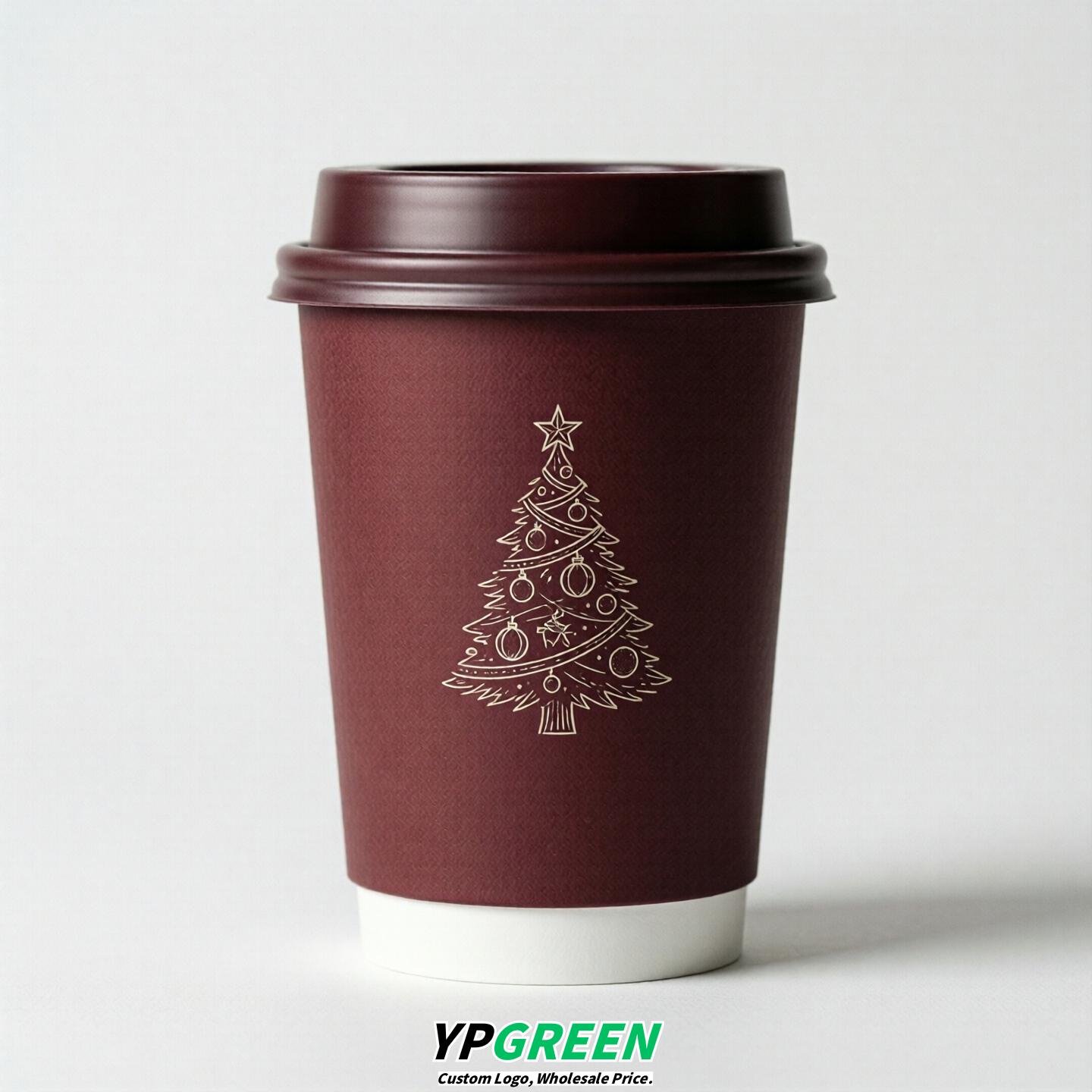 Burgundy Paper Cups with Christmas Design 8-24oz