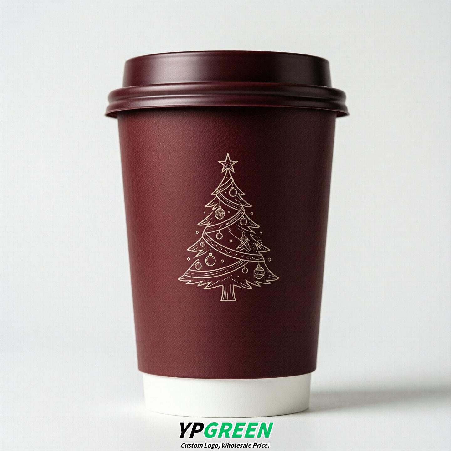 Burgundy Paper Cups with Christmas Design 8-24oz